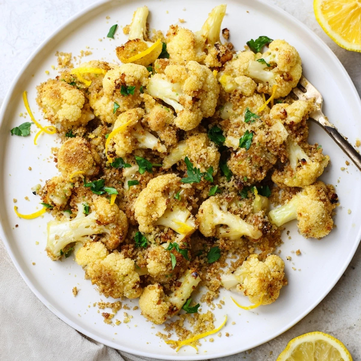 Crispy breadcrumb-covered roasted cauliflower spears on serving platter with lemon zest and parsley sprinkled on top