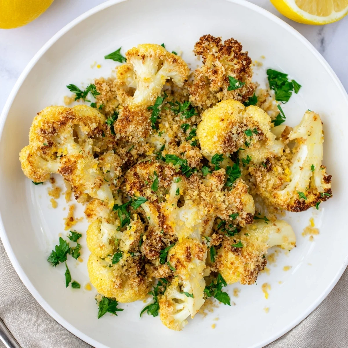 Tender oven-roasted cauliflower with zesty lemon-pepper crunch topping drizzled with fresh lemon juice
