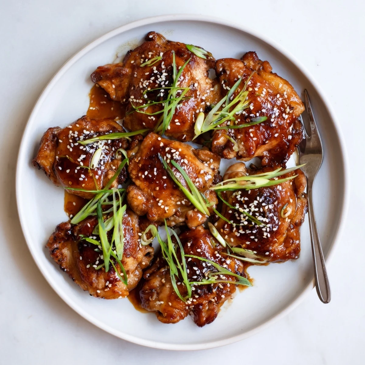 Golden brown chicken thighs coated in a sticky ginger garlic glaze with sesame seed topping