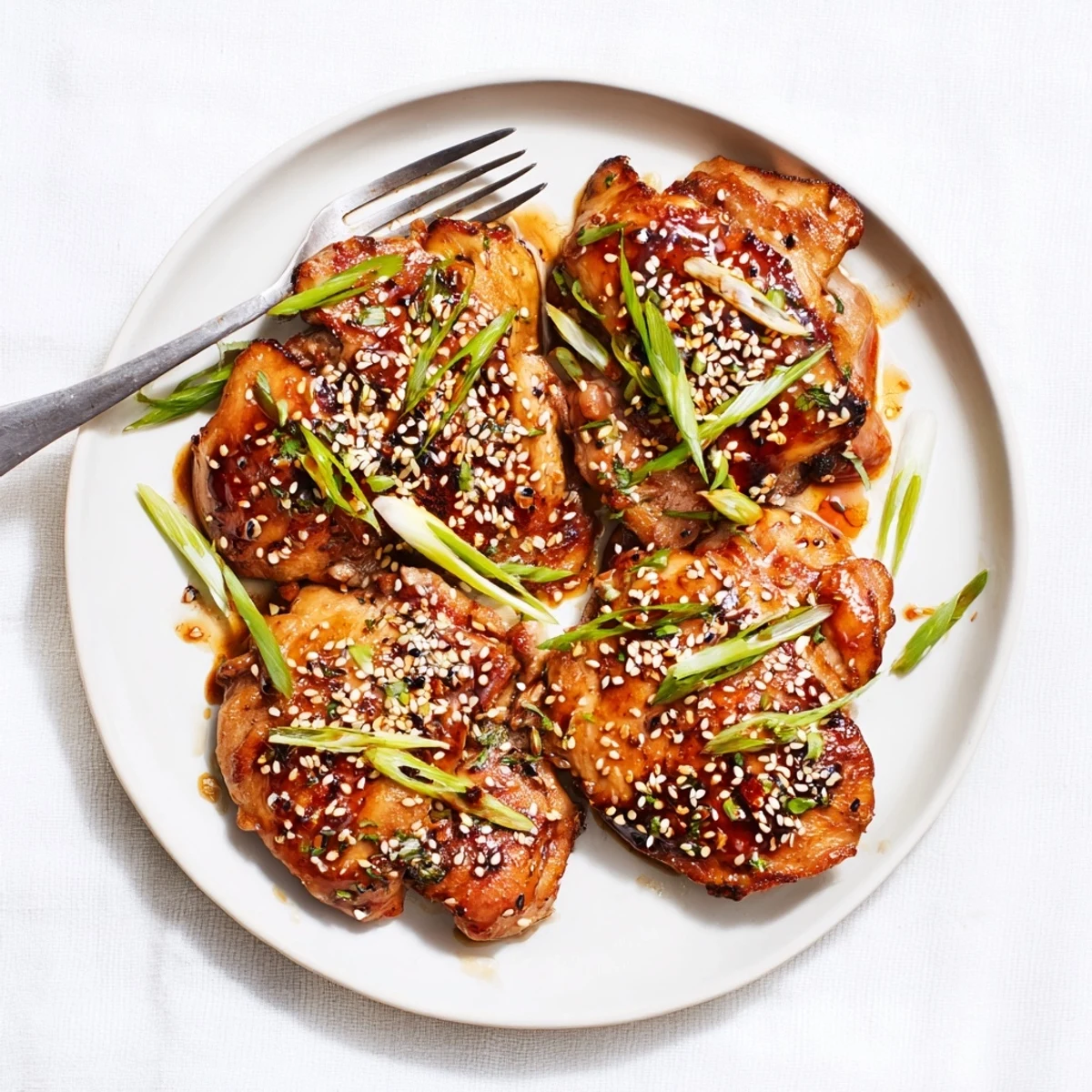 Succulent glazed chicken skillet drizzled with thick aromatic ginger garlic sauce and fresh garnish