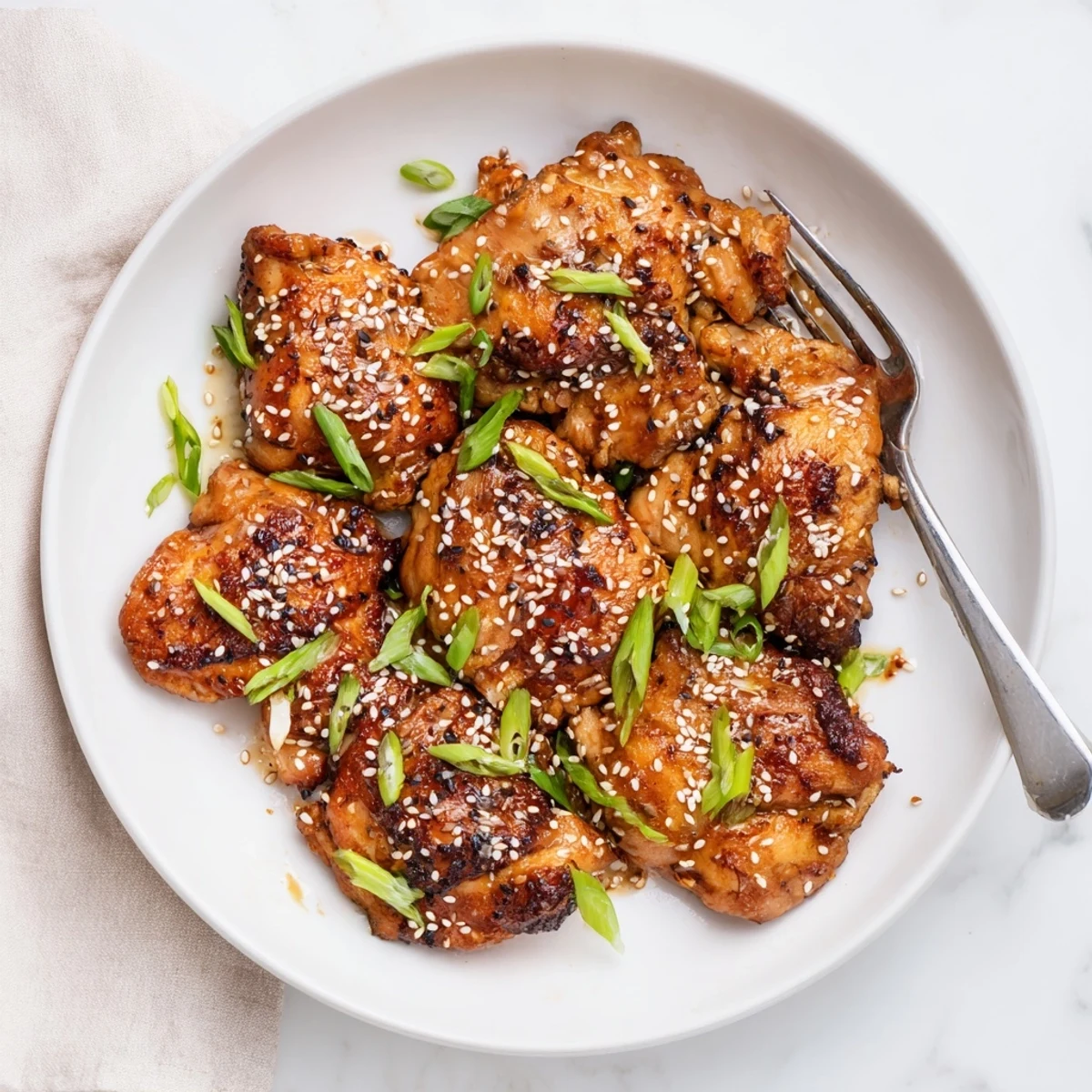 Pan-seared chicken simmering in glossy soy honey ginger garlic sauce with sliced green onions