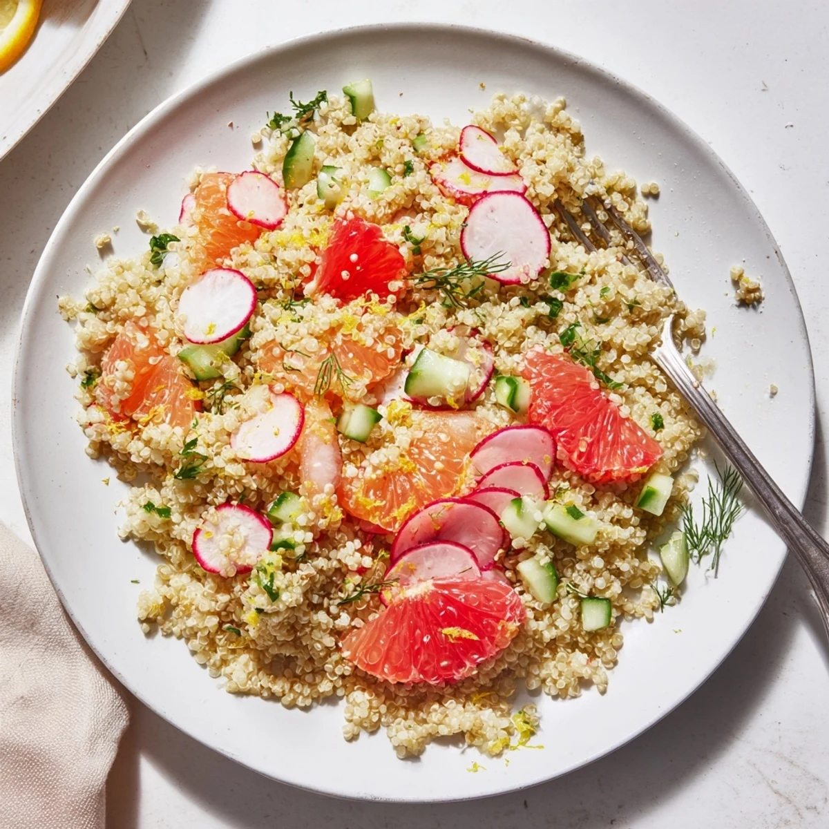 Colorful citrus herb quinoa salad bowl with orange segments, radish slices, and fresh green herbs