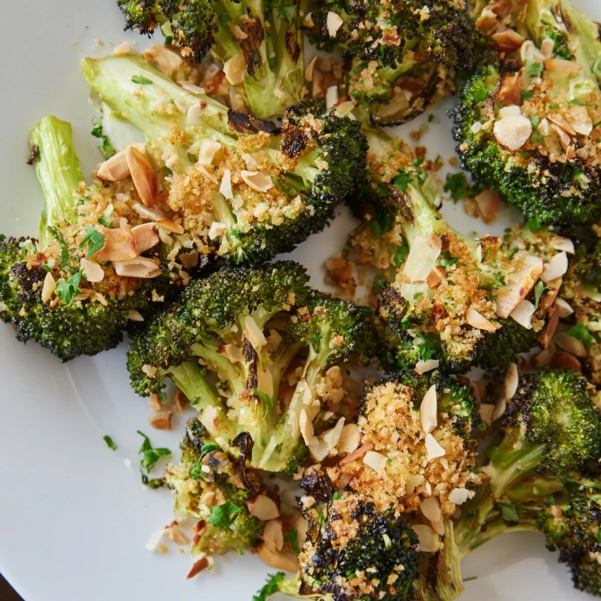 Crispy roasted broccoli florets topped with savory almond Parmesan crumble on a white serving platter