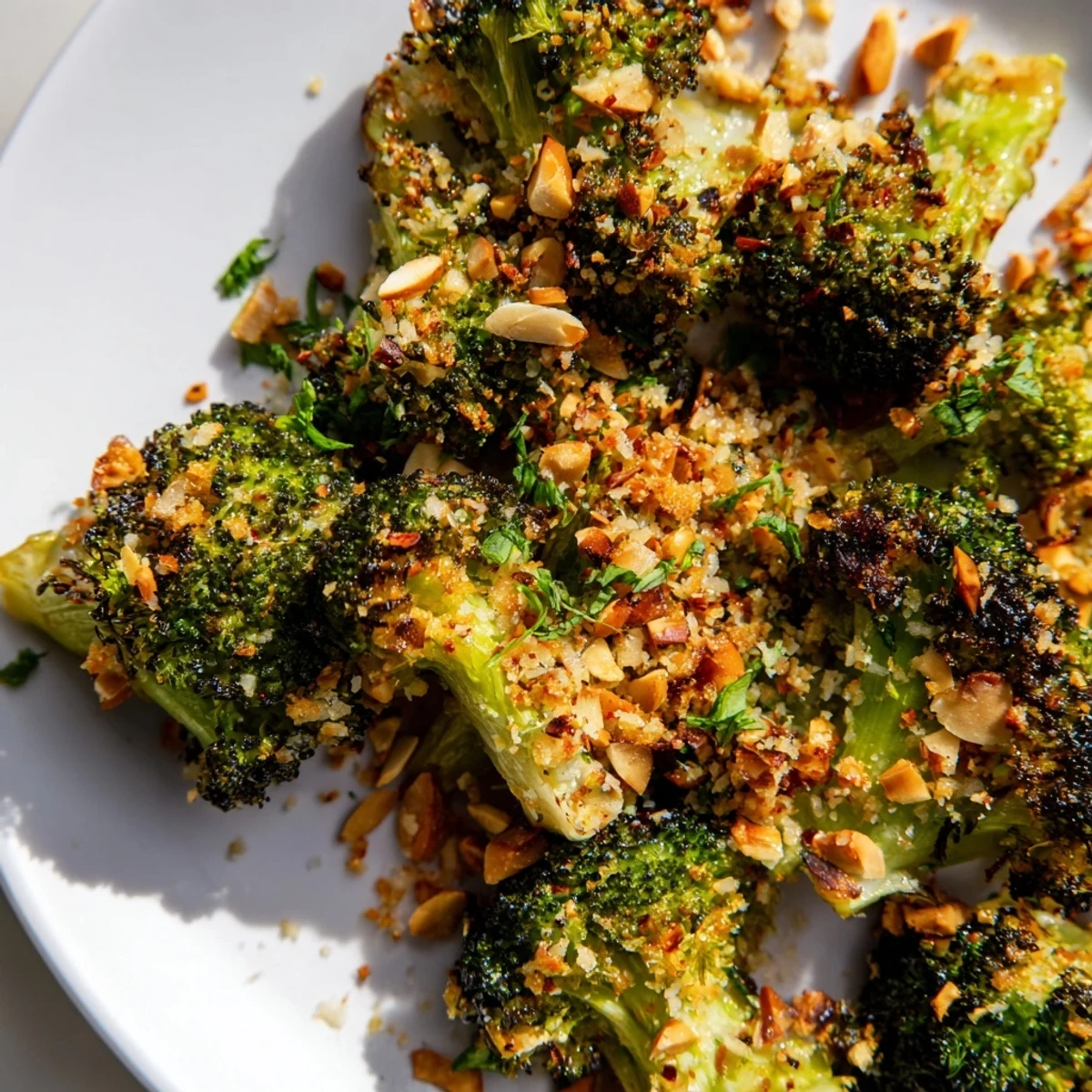 Golden roasted broccoli with toasted almond crumble garnished with fresh parsley and lemon zest