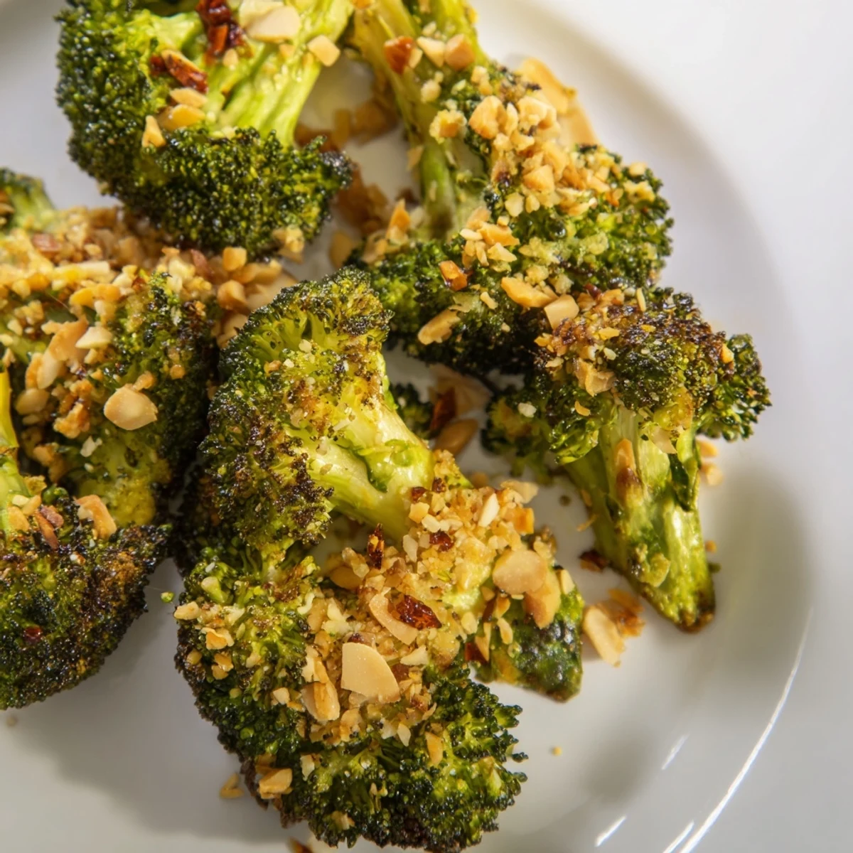Vibrant green roasted broccoli scattered with nutty toasted almond mixture and red chili flakes