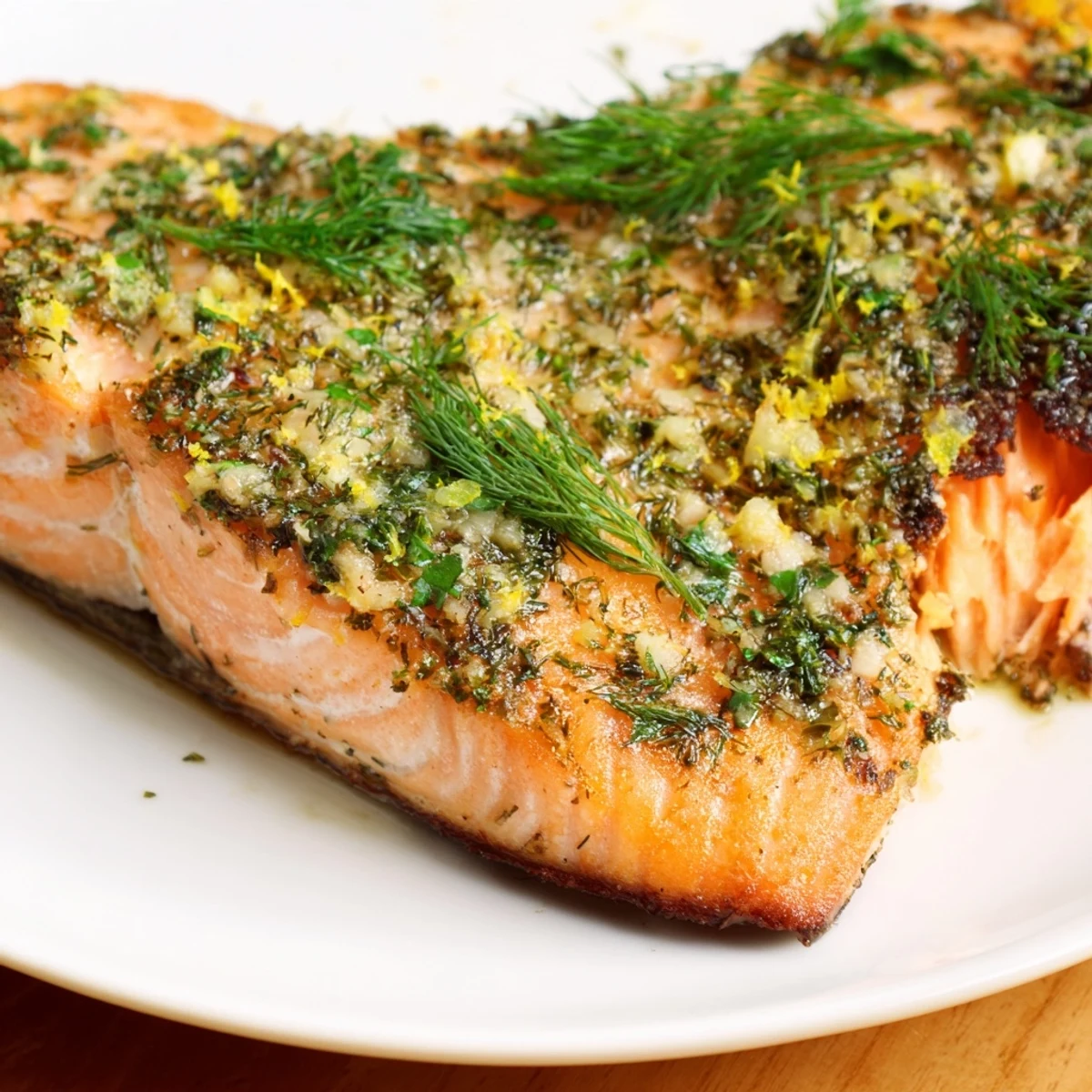 Golden seared lemon garlic herb grilled salmon fillet with crispy skin and fresh herb garnish on white plate