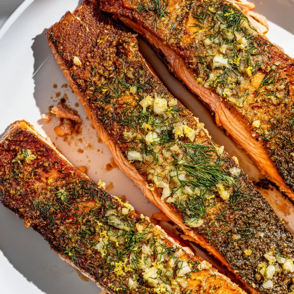 Skillet-cooked Mediterranean salmon with bright lemon garlic marinade, aromatic herbs, and lemon wedges for serving