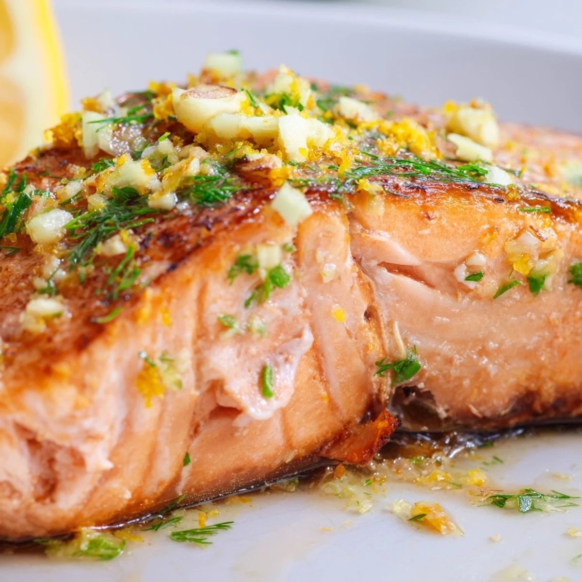 Flaky salmon fillet cooked in cast iron skillet with fresh parsley, dill, and thyme lemon herb crust