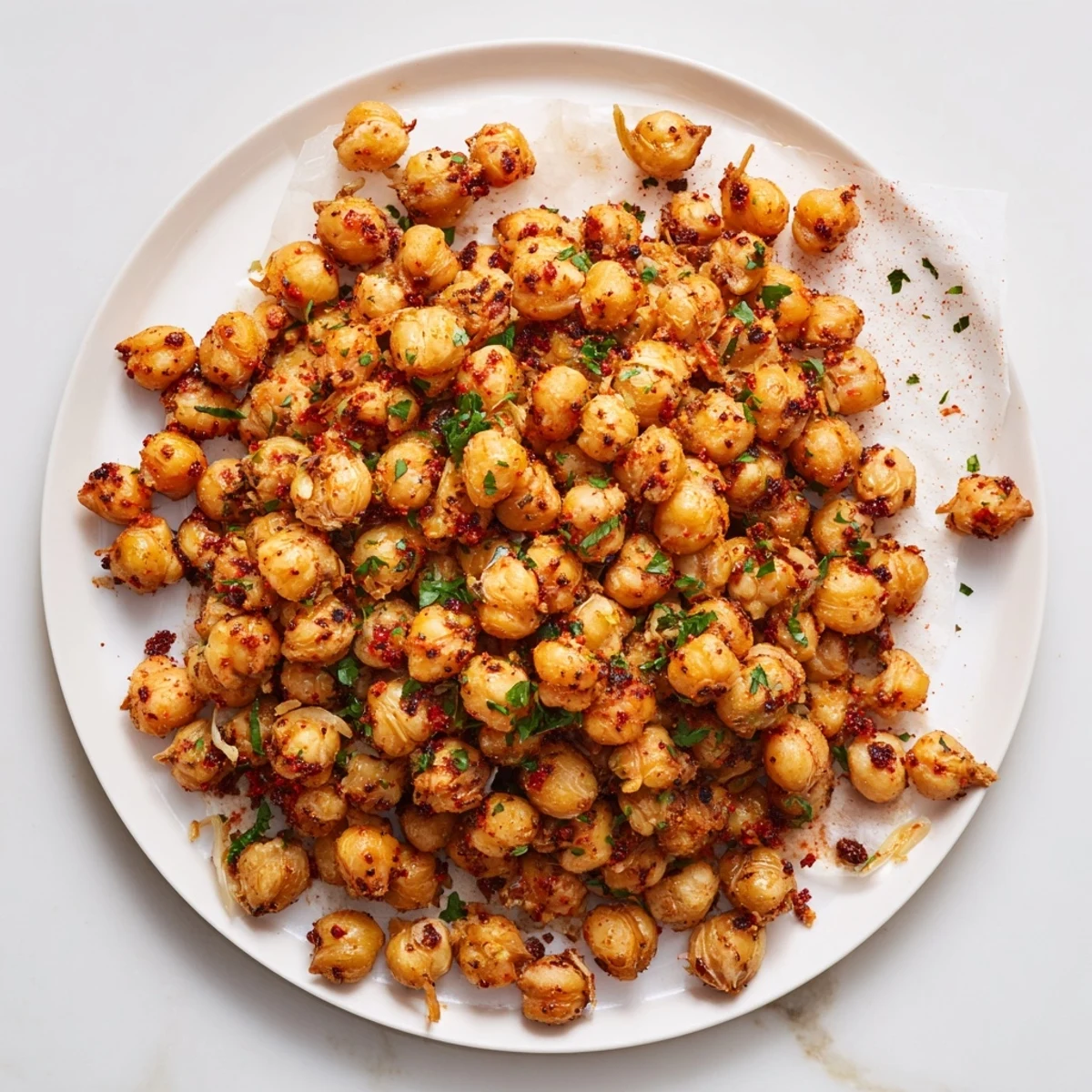 Golden brown crispy chili garlic chickpea clusters arranged on a white baking sheet