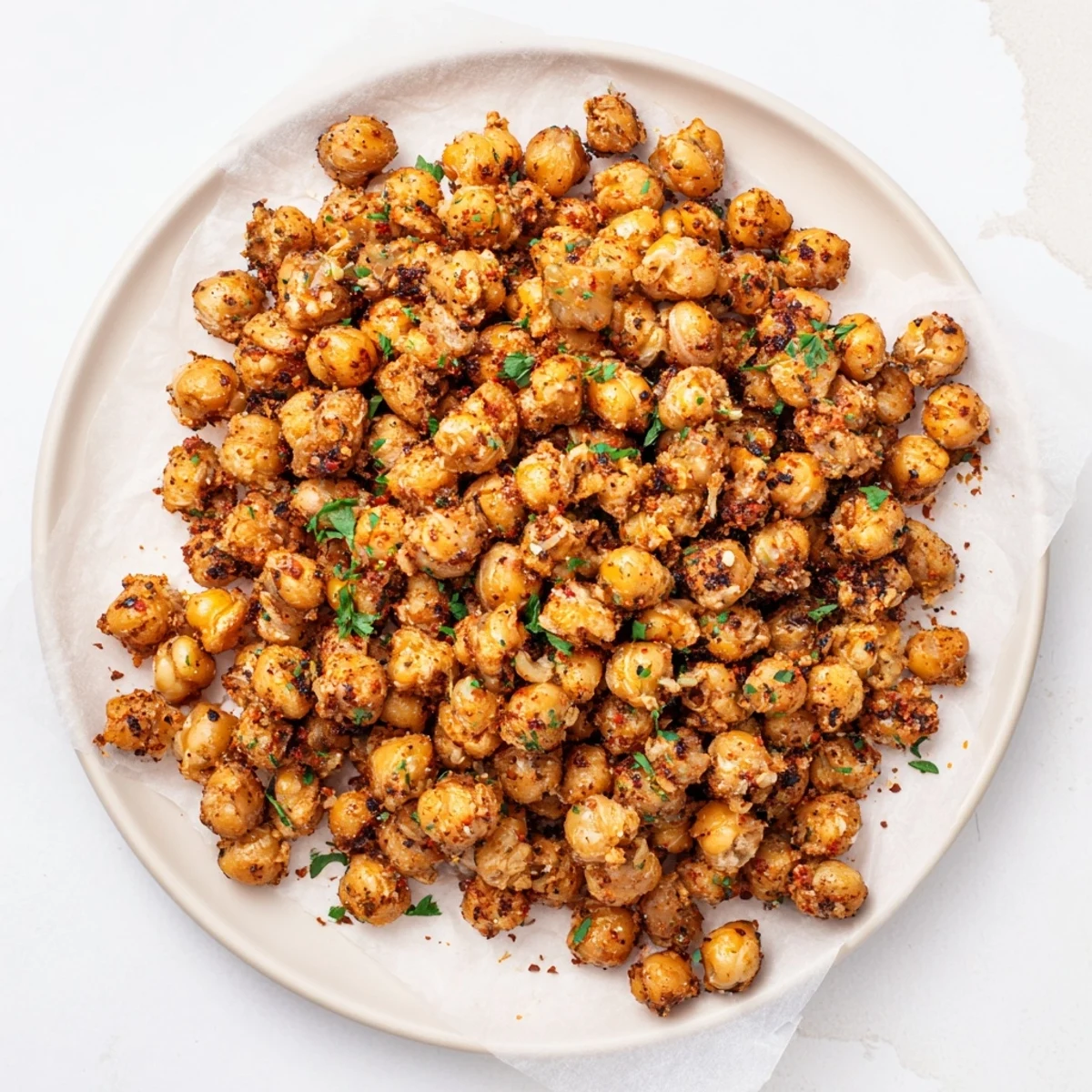 Close up of crunchy garlic chickpea clusters drizzled with olive oil and seasonings
