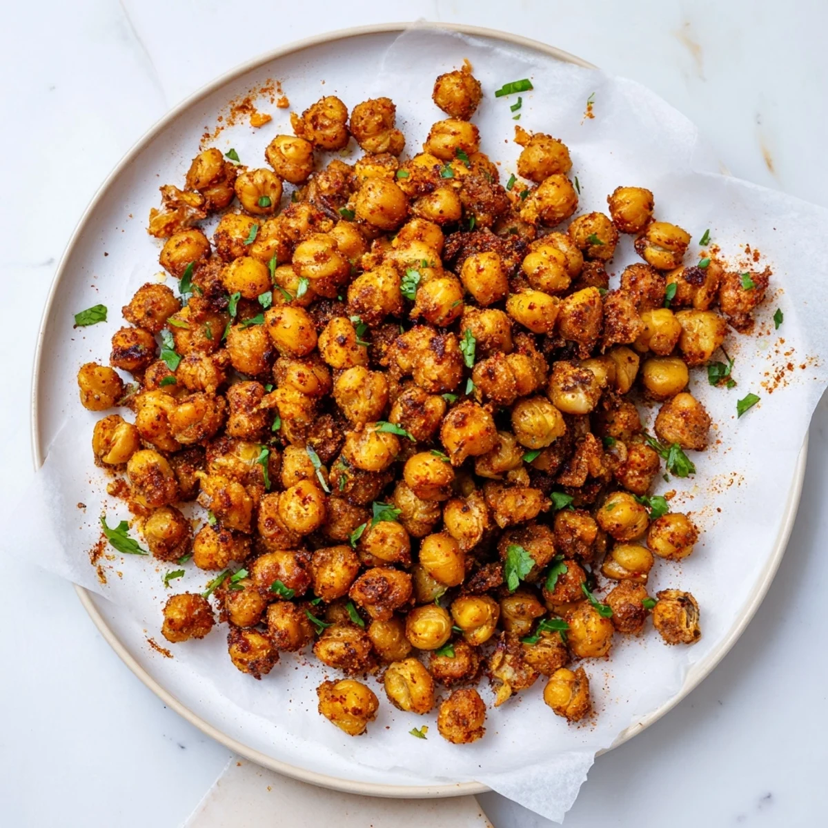 Spicy roasted chickpea clusters sprinkled with fresh parsley on a rustic wooden board
