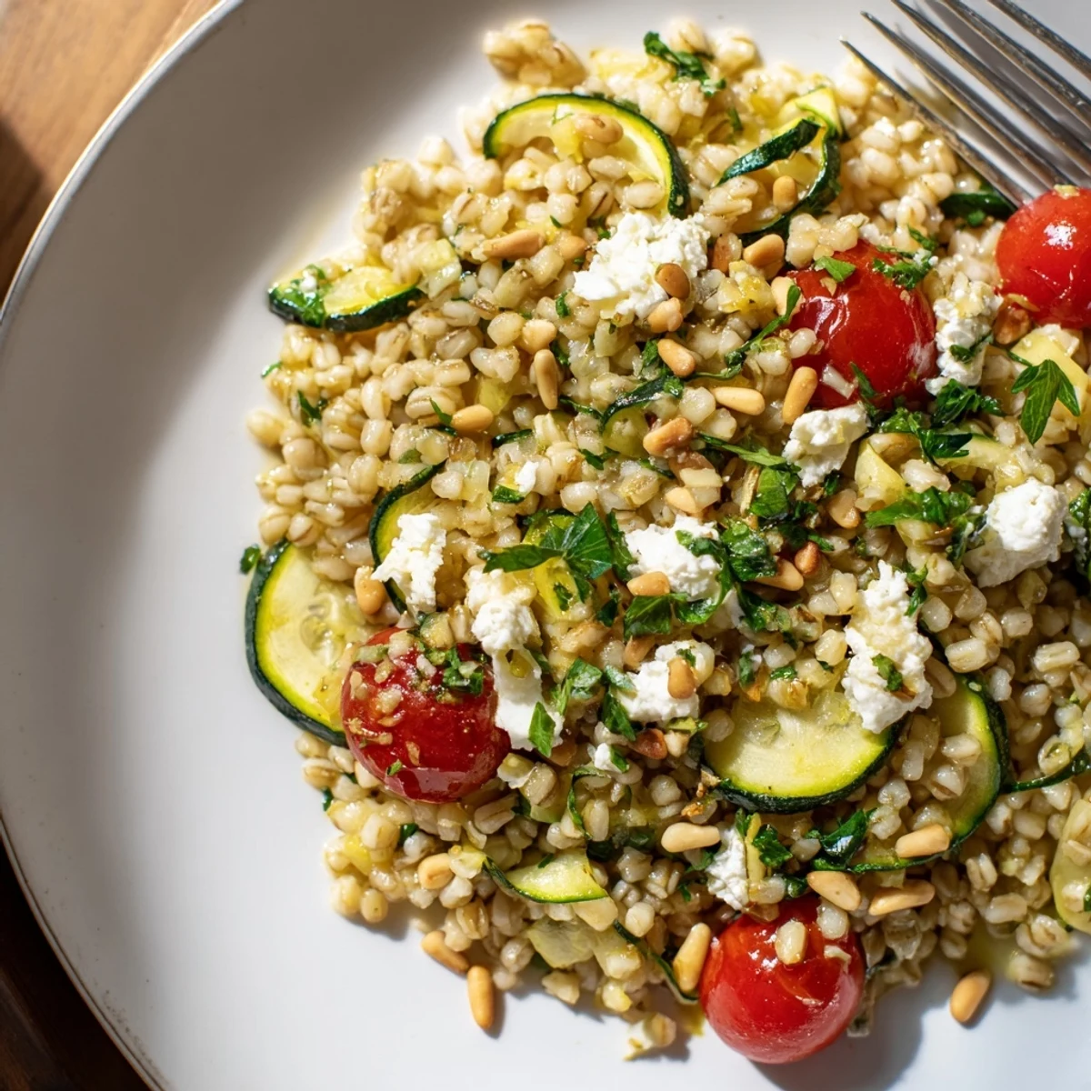Golden bowl of warm barley and roasted zucchini ribbon salad with fresh parsley