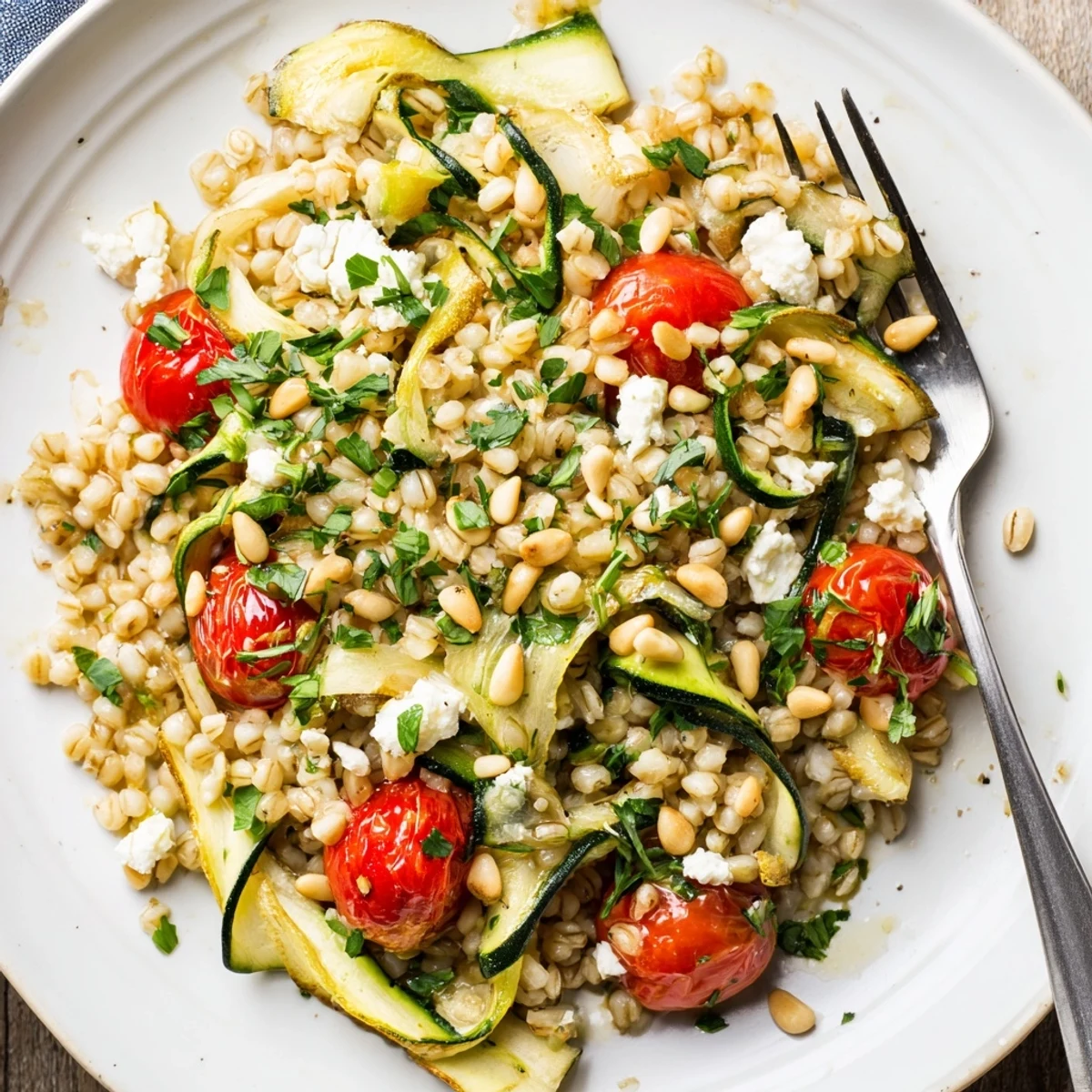 Mediterranean-inspired barley salad featuring tender zucchini ribbons, cherry tomatoes, and crumbled feta cheese