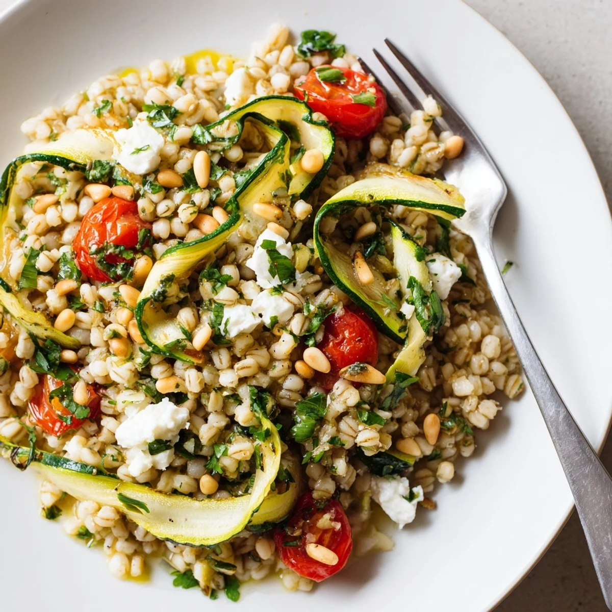 Wholesome warm barley salad with roasted zucchini ribbons and toasted pine nut garnish