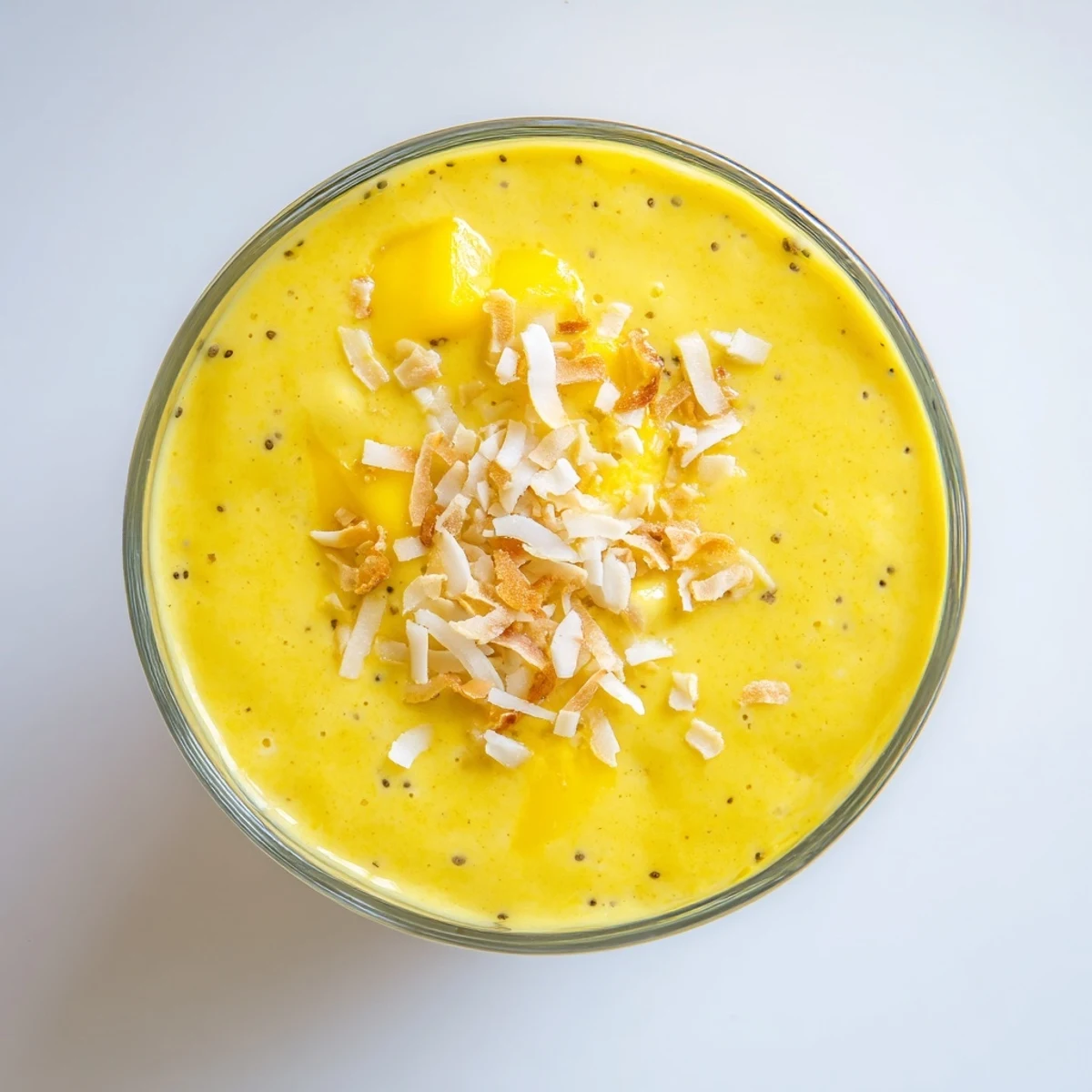 Creamy mango banana coconut smoothie poured into glasses with fresh fruit slices and coconut flakes garnish
