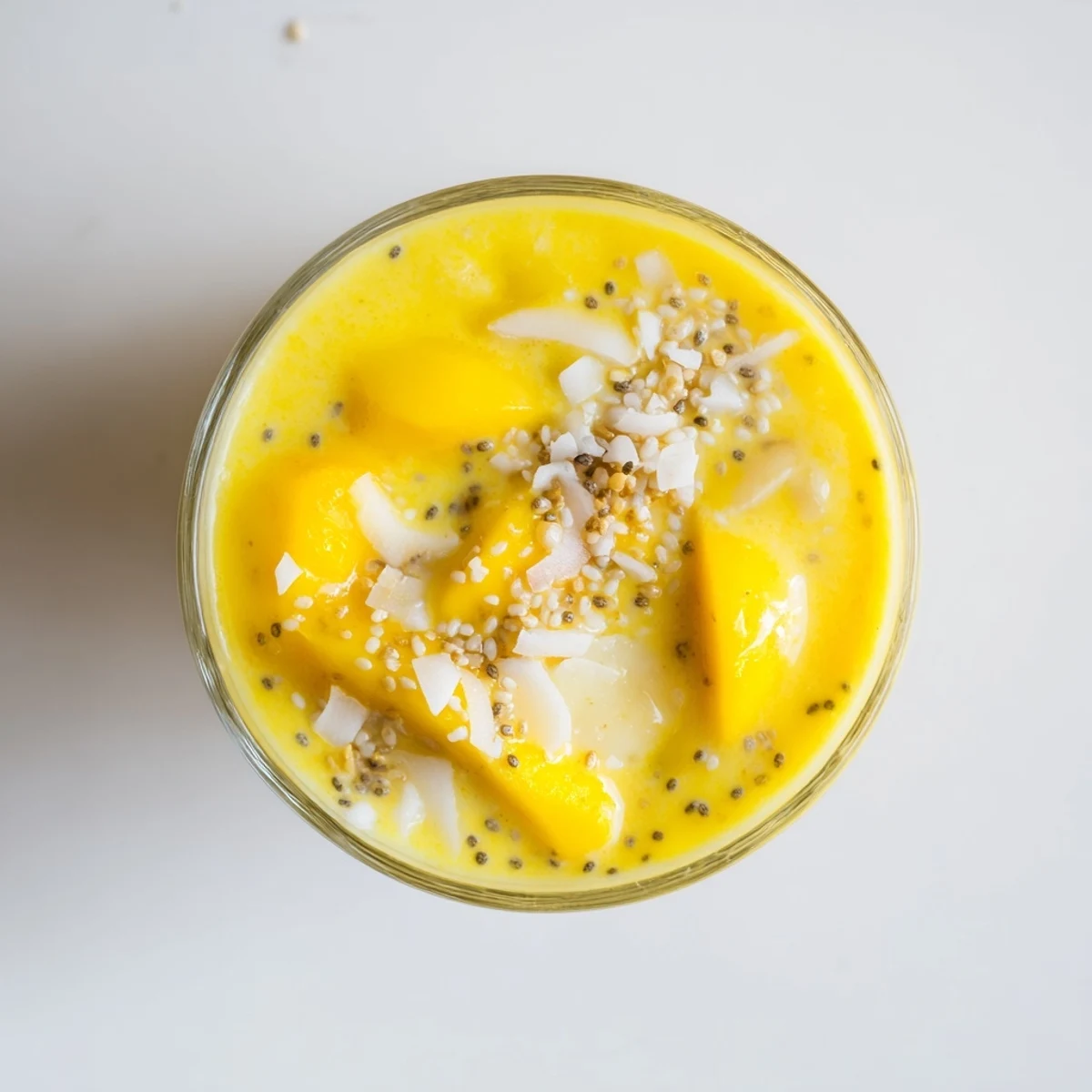 Golden mango banana coconut smoothie in clear glasses showing vibrant yellow orange layers and frothy white coconut milk topping