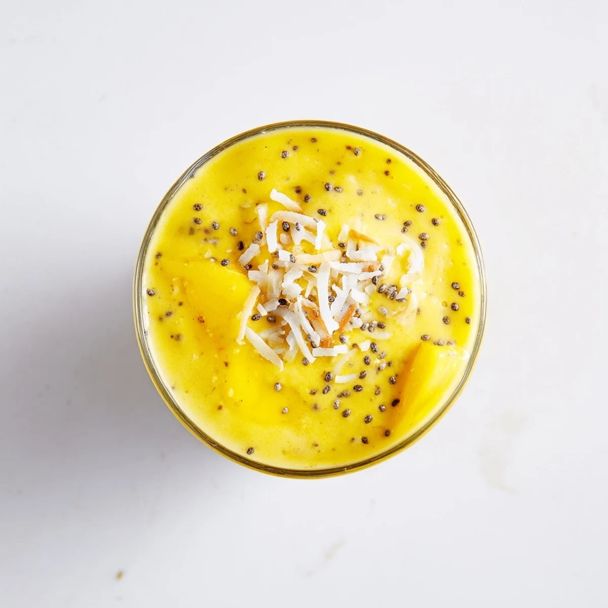 Tropical mango banana coconut smoothie blended to thick velvet perfection with ice cubes on a sunny countertop