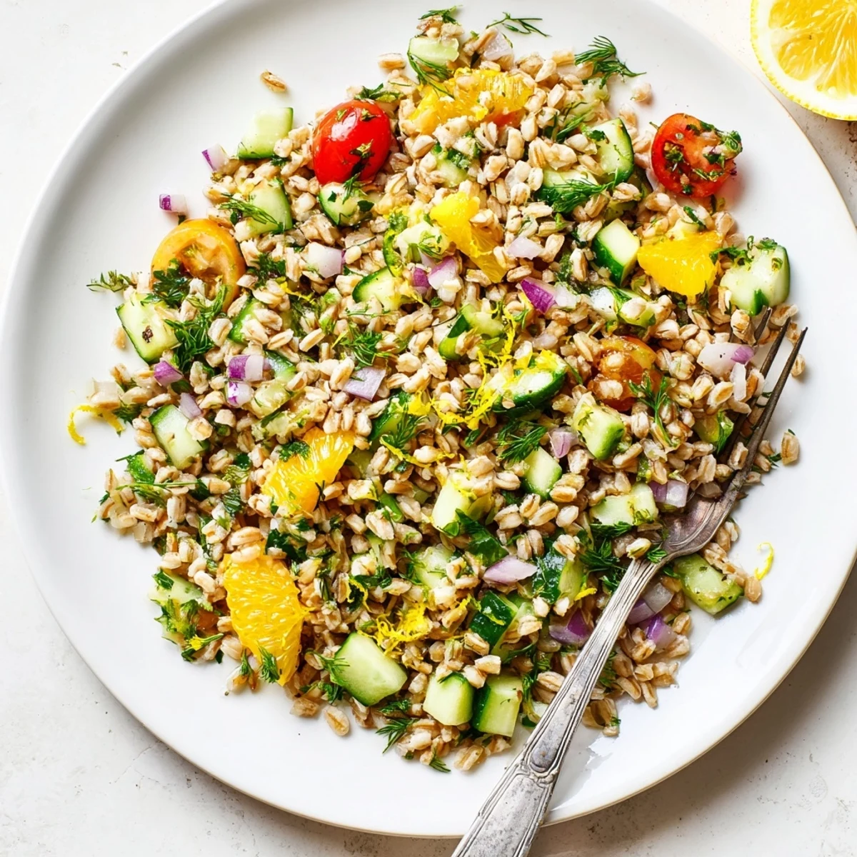Bright citrus herb farro salad bowl with cucumbers, oranges, and fresh mint