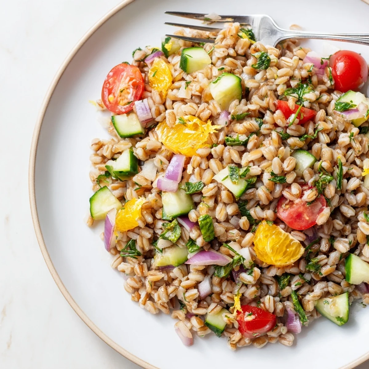 Refreshing cucumber citrus herb farro salad plated with vibrant tomatoes and greens