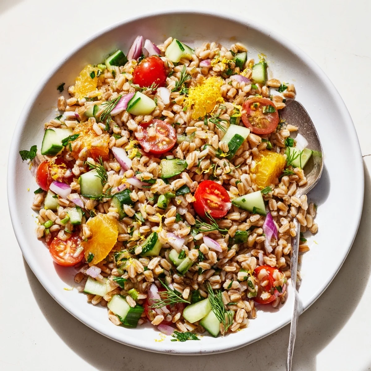 Mediterranean farro grain salad with juicy orange segments and crisp diced cucumbers
