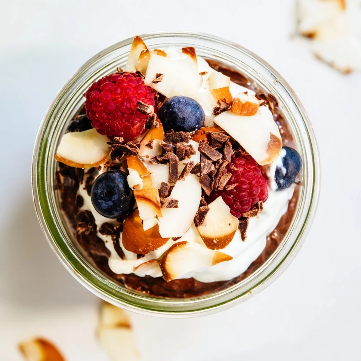 Layered cocoa almond coconut chia parfait with fresh berries in glass jar