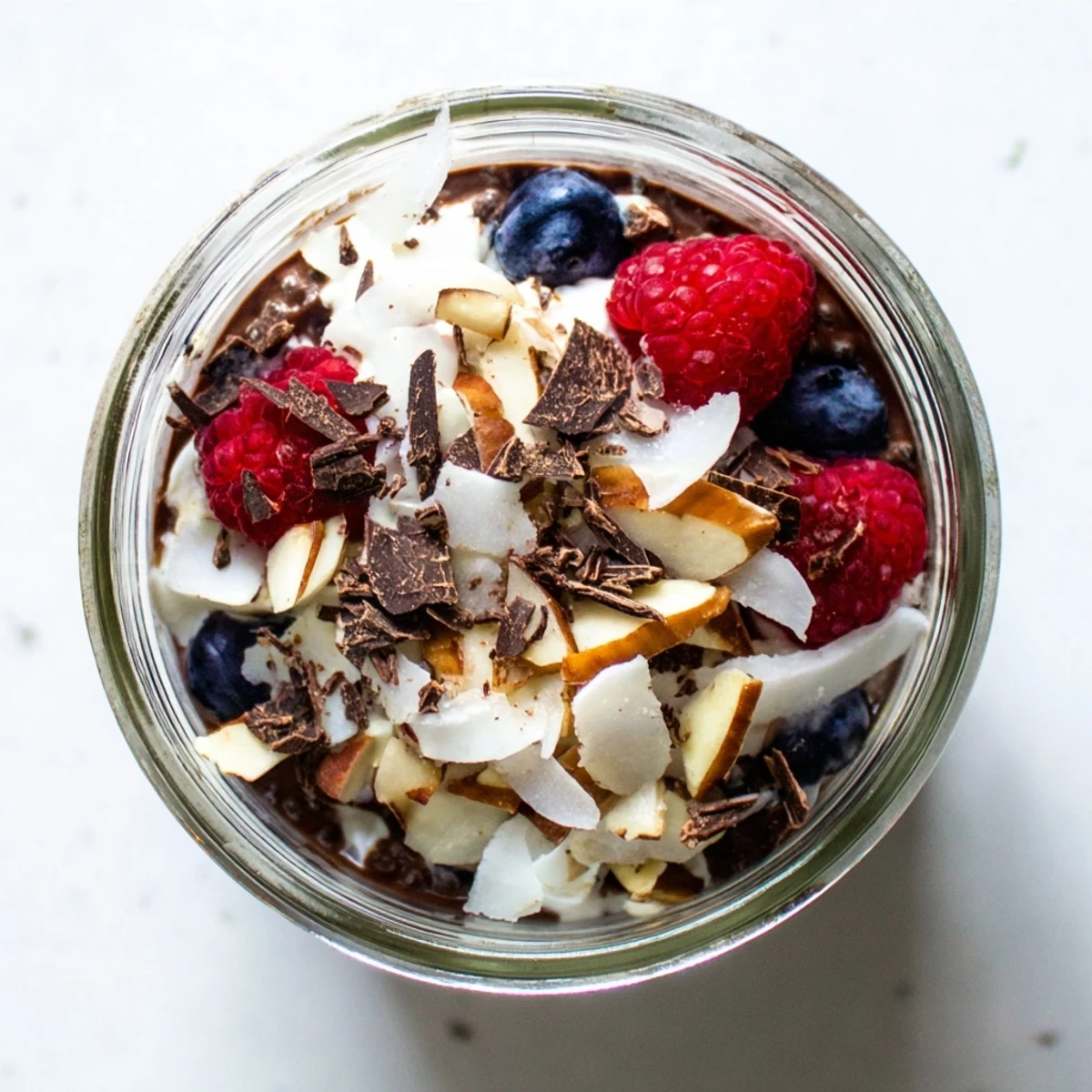 Vegan cocoa chia pudding parfait layered with coconut yogurt and crunchy almonds