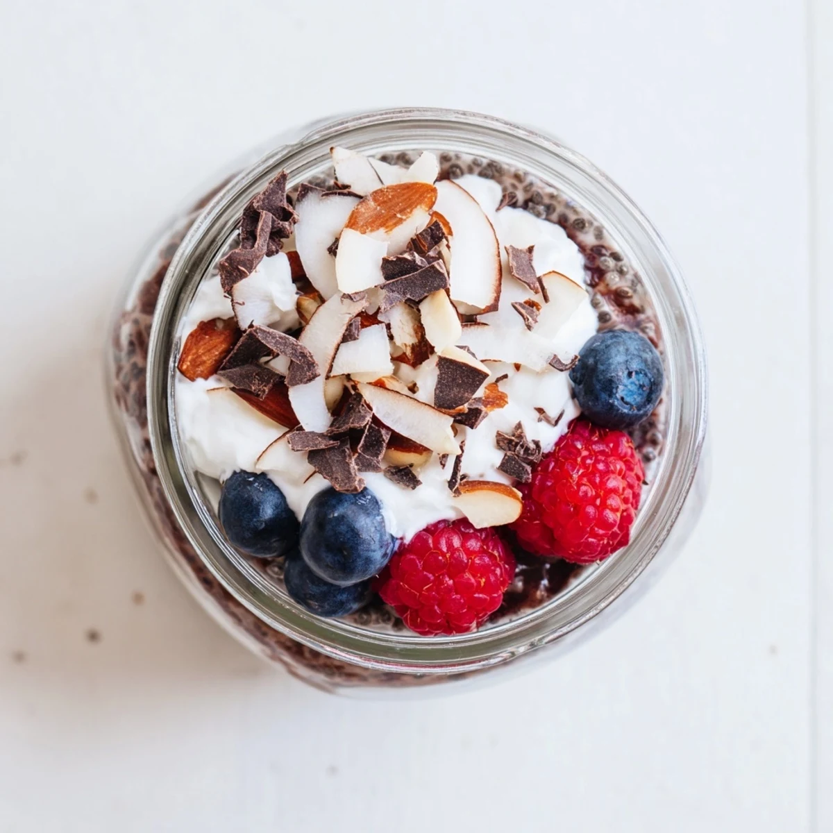 Rich chocolate chia parfait topped with toasted almonds coconut and raspberries