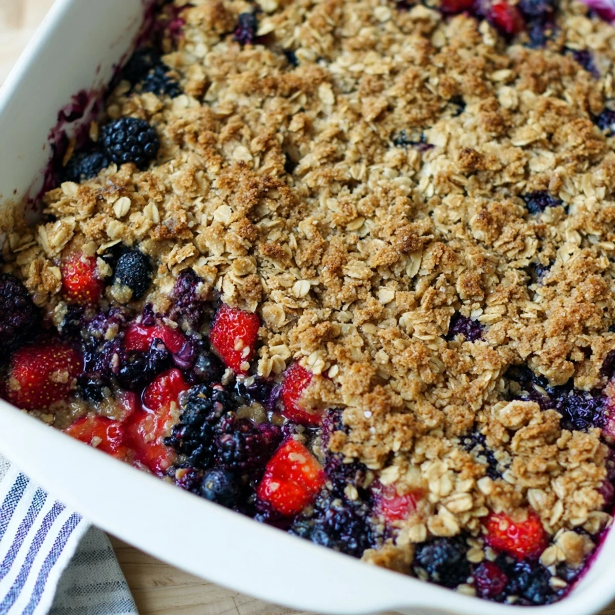 Golden vanilla maple berry crisp bubbling in a baking dish with toasted oat topping