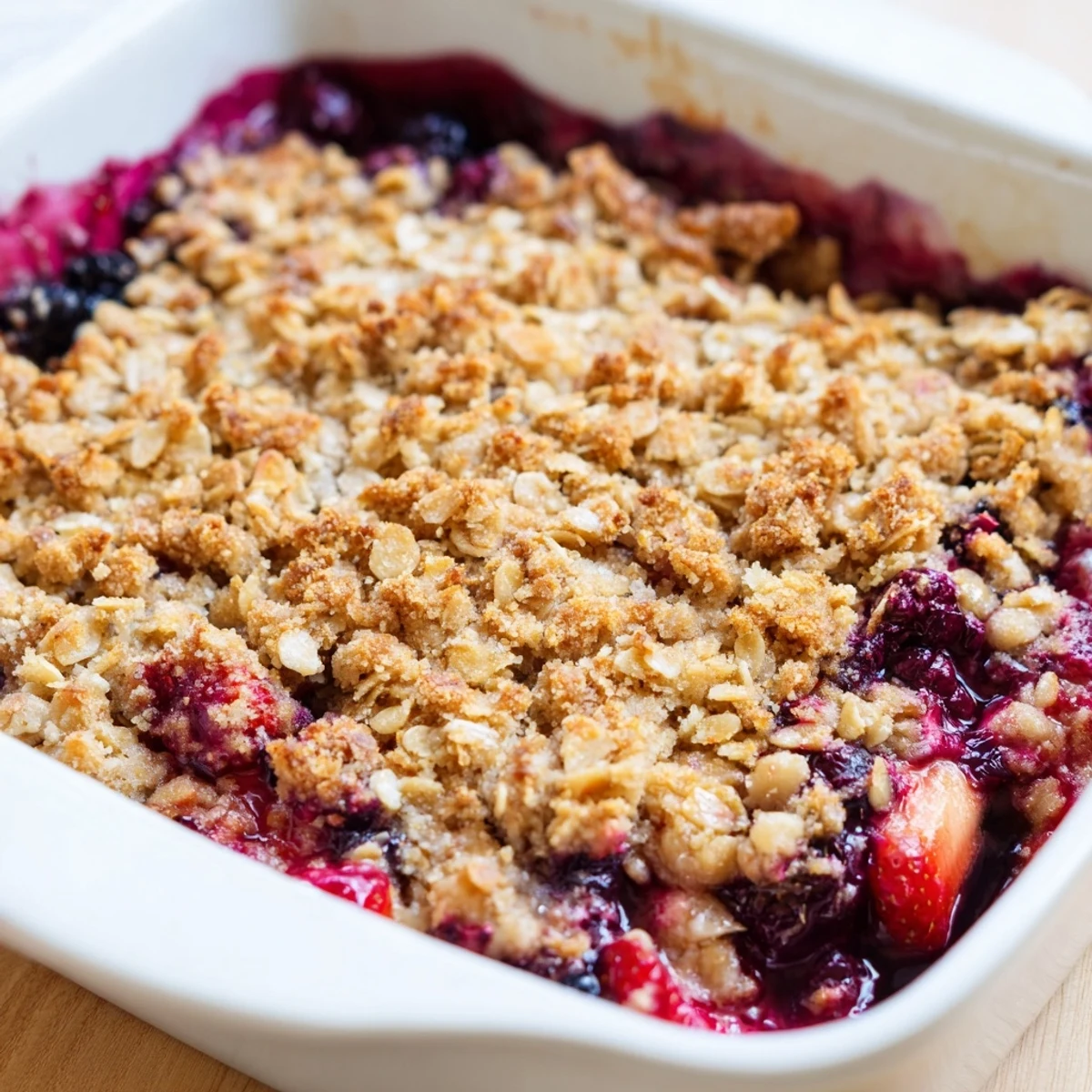 Warm berry crisp dessert with sweet maple syrup and crunchy oat crumble topping ready to serve