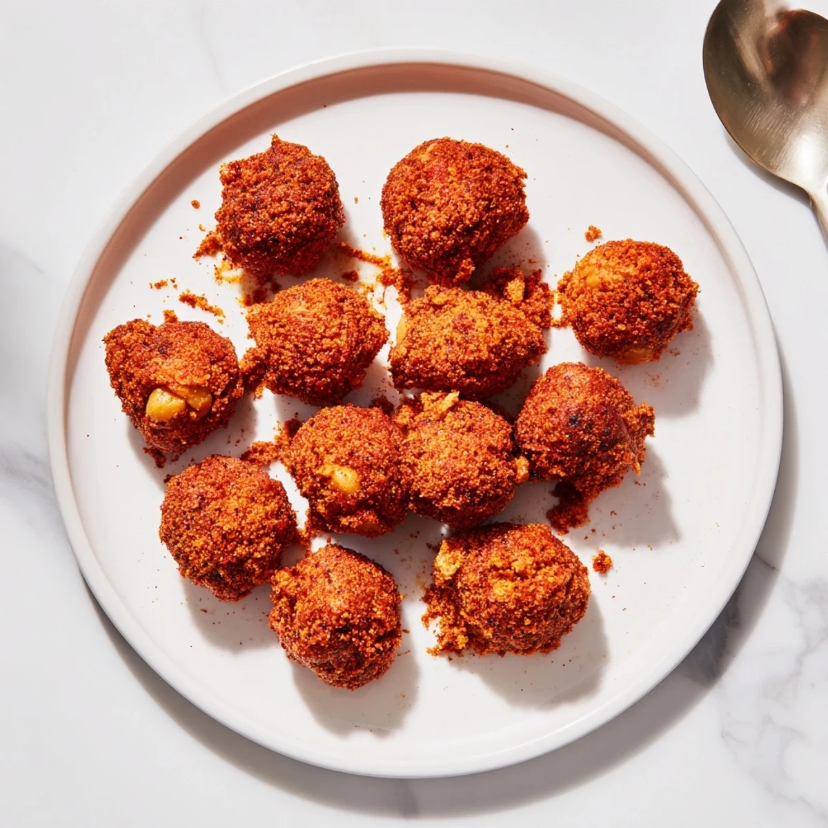 Close-up of crunchy baked chickpea clusters with smoky chili powder and tangy lime coating, perfect for healthy snacking or topping salads.