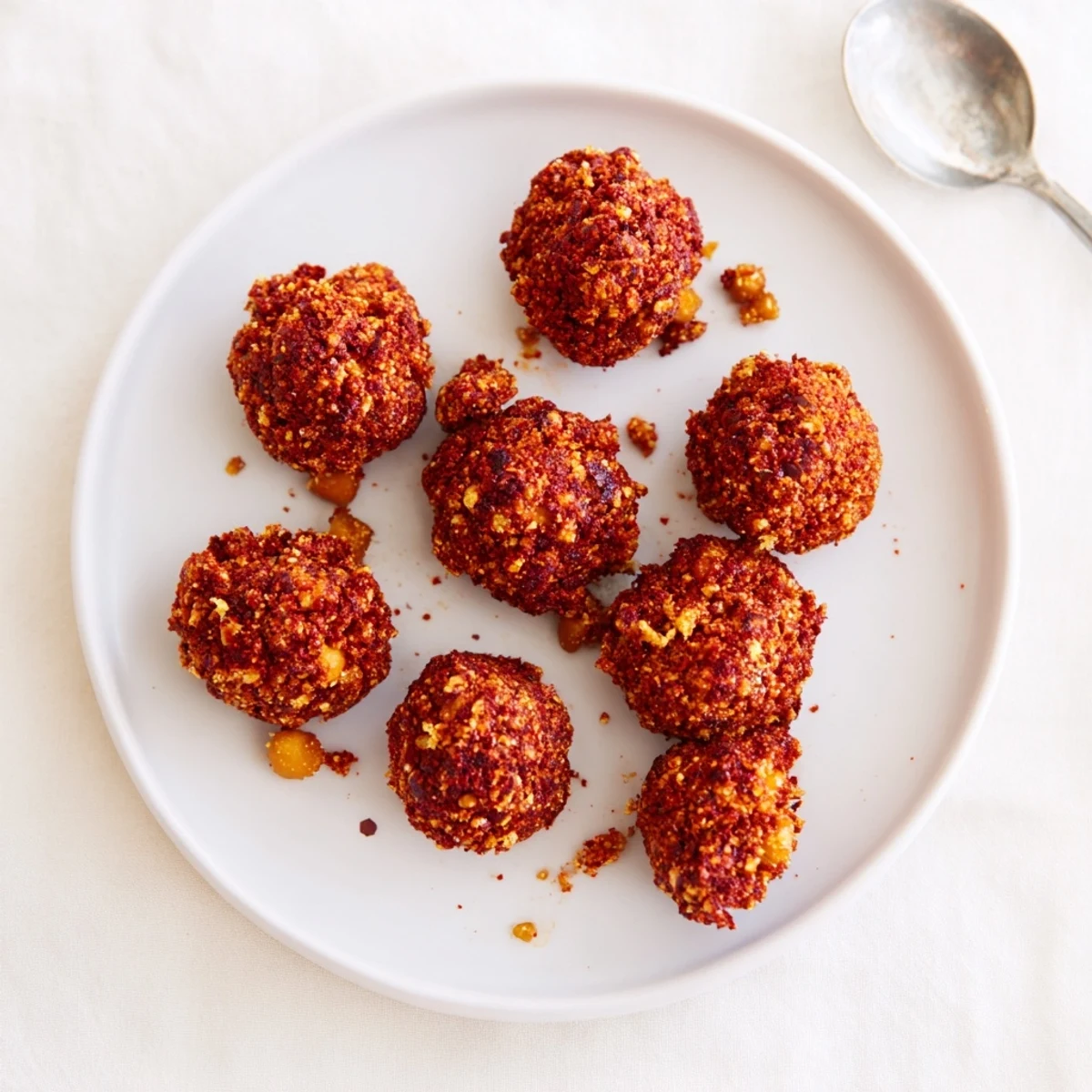 Golden brown crispy chili lime chickpea clusters arranged on a white baking sheet, dusted with red spices and fresh green lime zest.