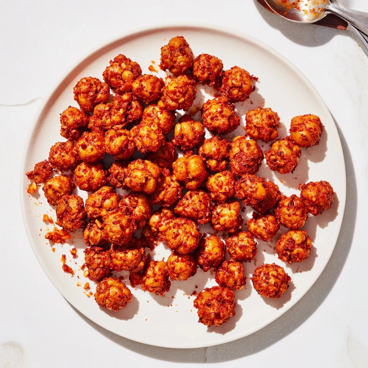 A rustic wooden bowl filled with zesty crispy chili lime chickpea clusters, garnished with fresh lime wedges and chili flakes.