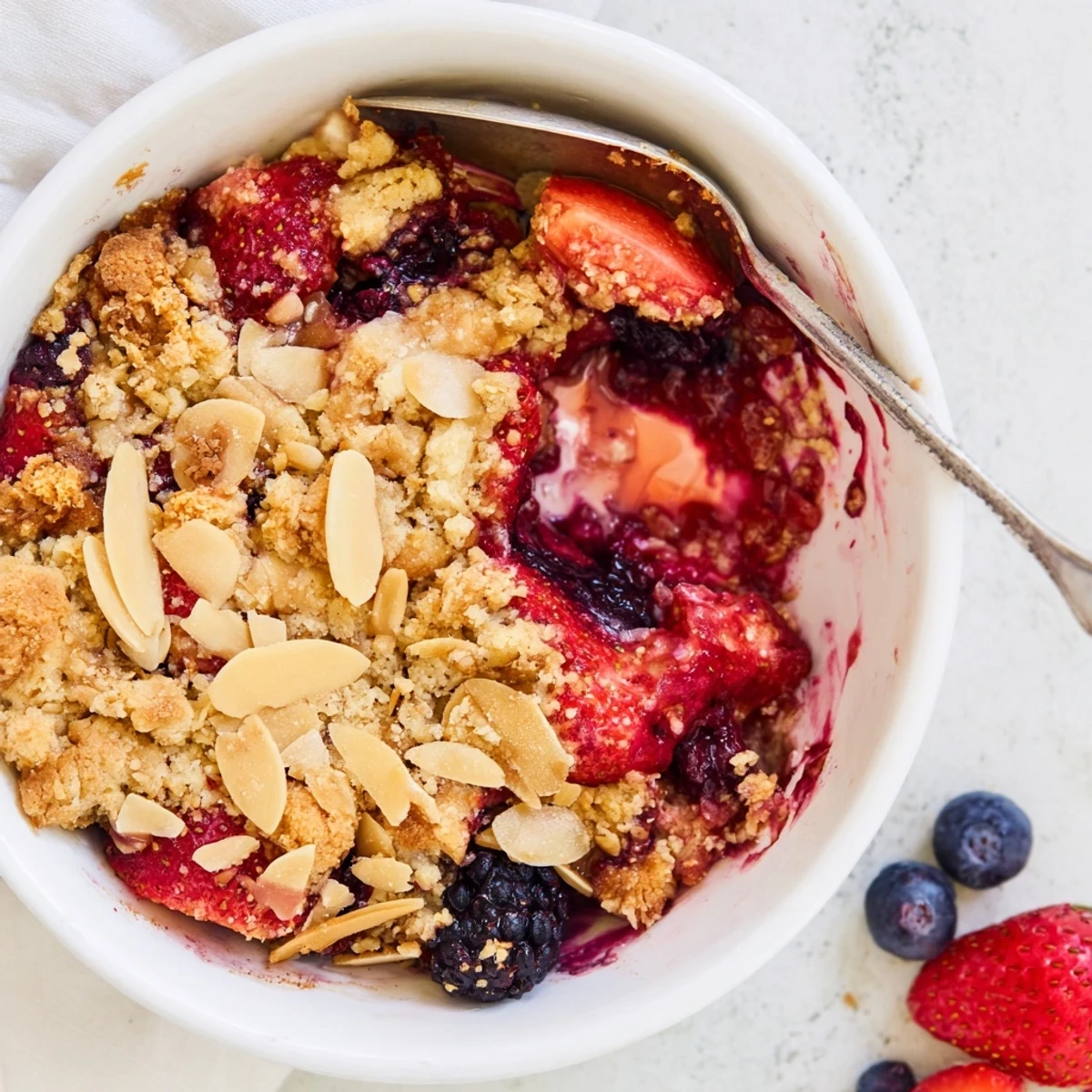 Golden vanilla berry almond crumble with bubbling mixed fruit and crispy oat topping