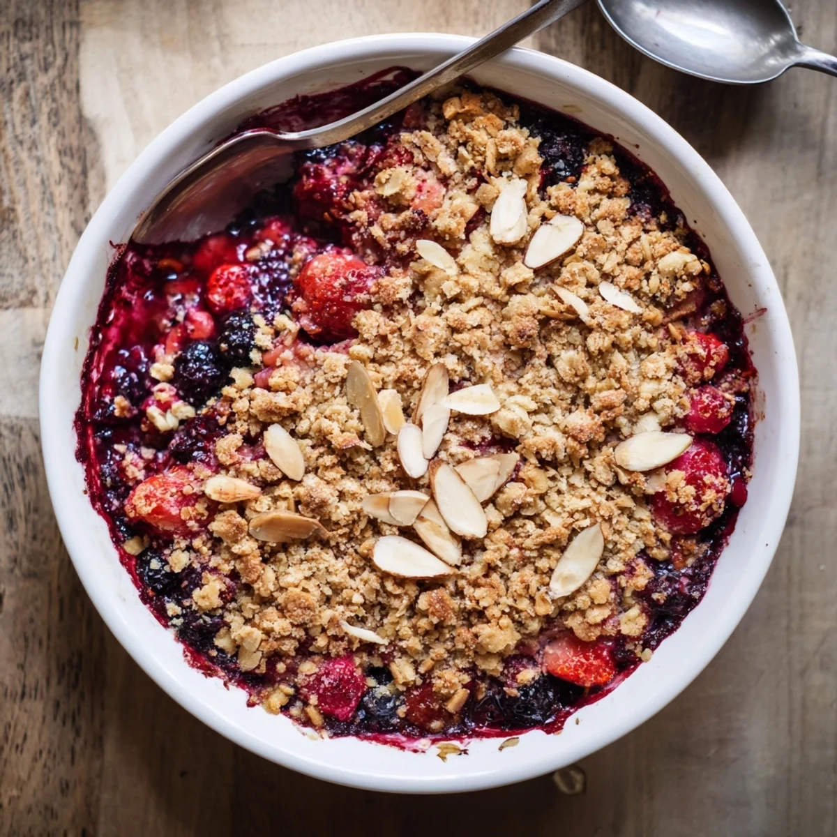 Rustic vanilla berry almond crumble featuring sweet strawberries blueberries and crunchy almond streusel