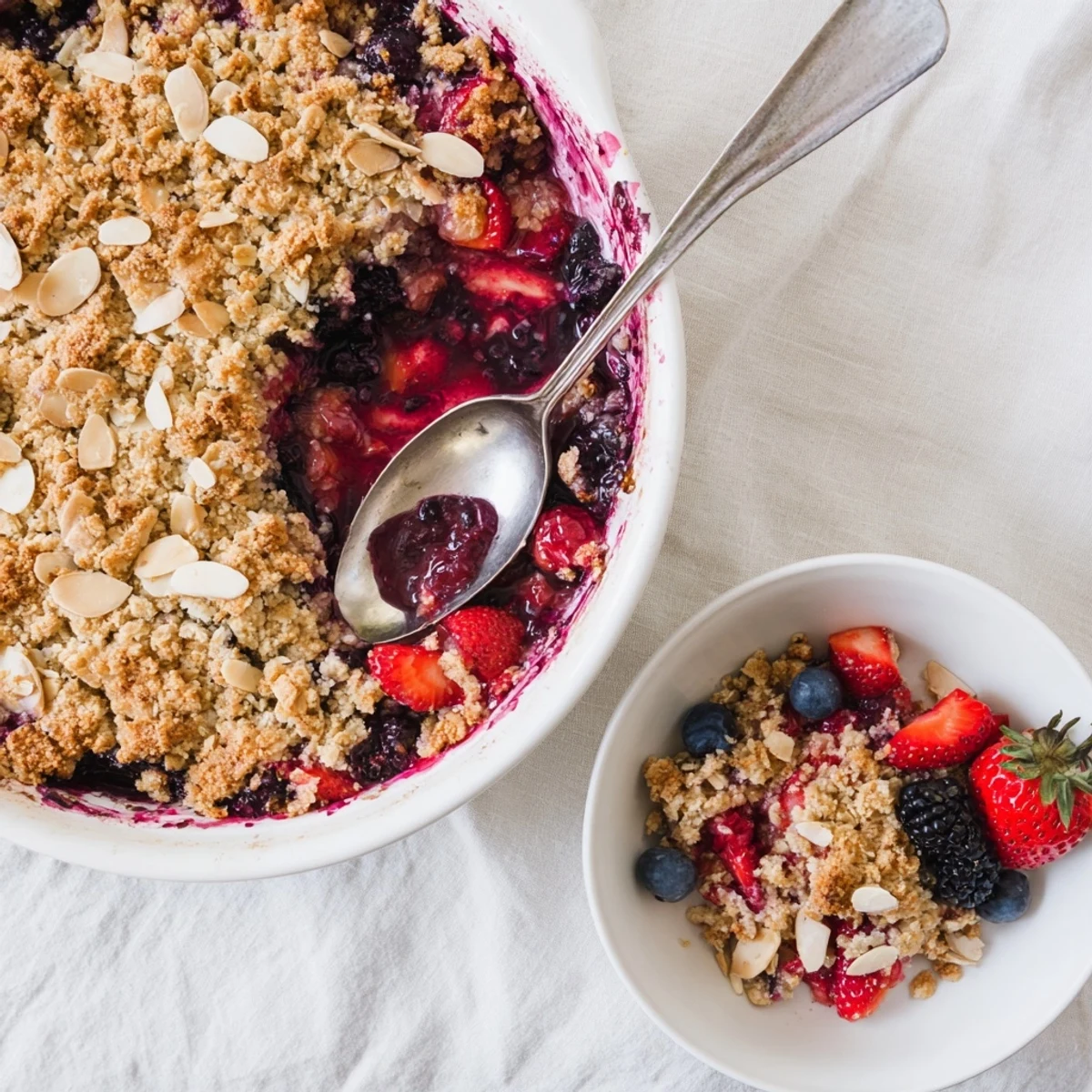 Fresh baked berry almond crumble dessert served warm with vanilla ice cream