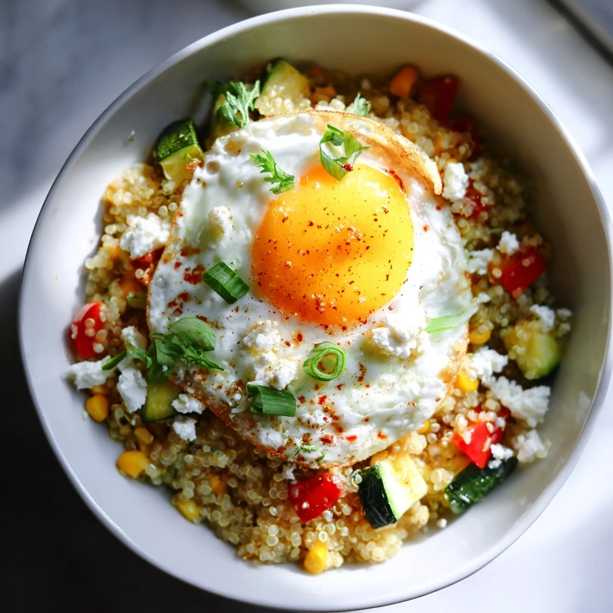 Golden fried egg atop savory zucchini and corn quinoa breakfast bowl with fresh herbs