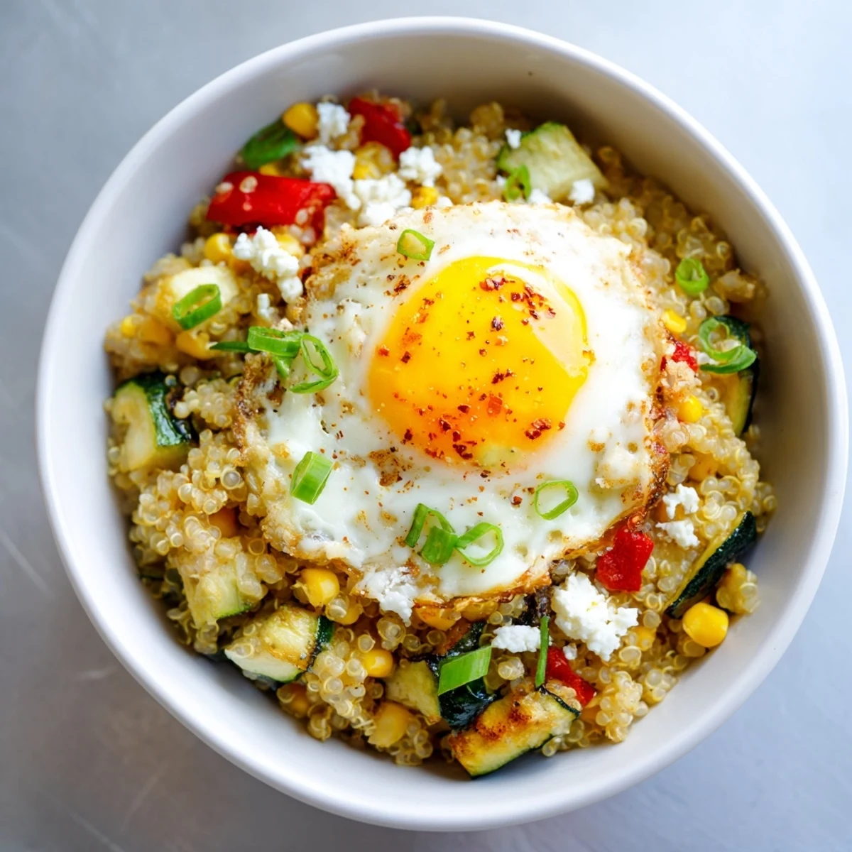 Fluffy quinoa breakfast bowl featuring sautéed zucchini, sweet corn, and a perfectly cooked egg