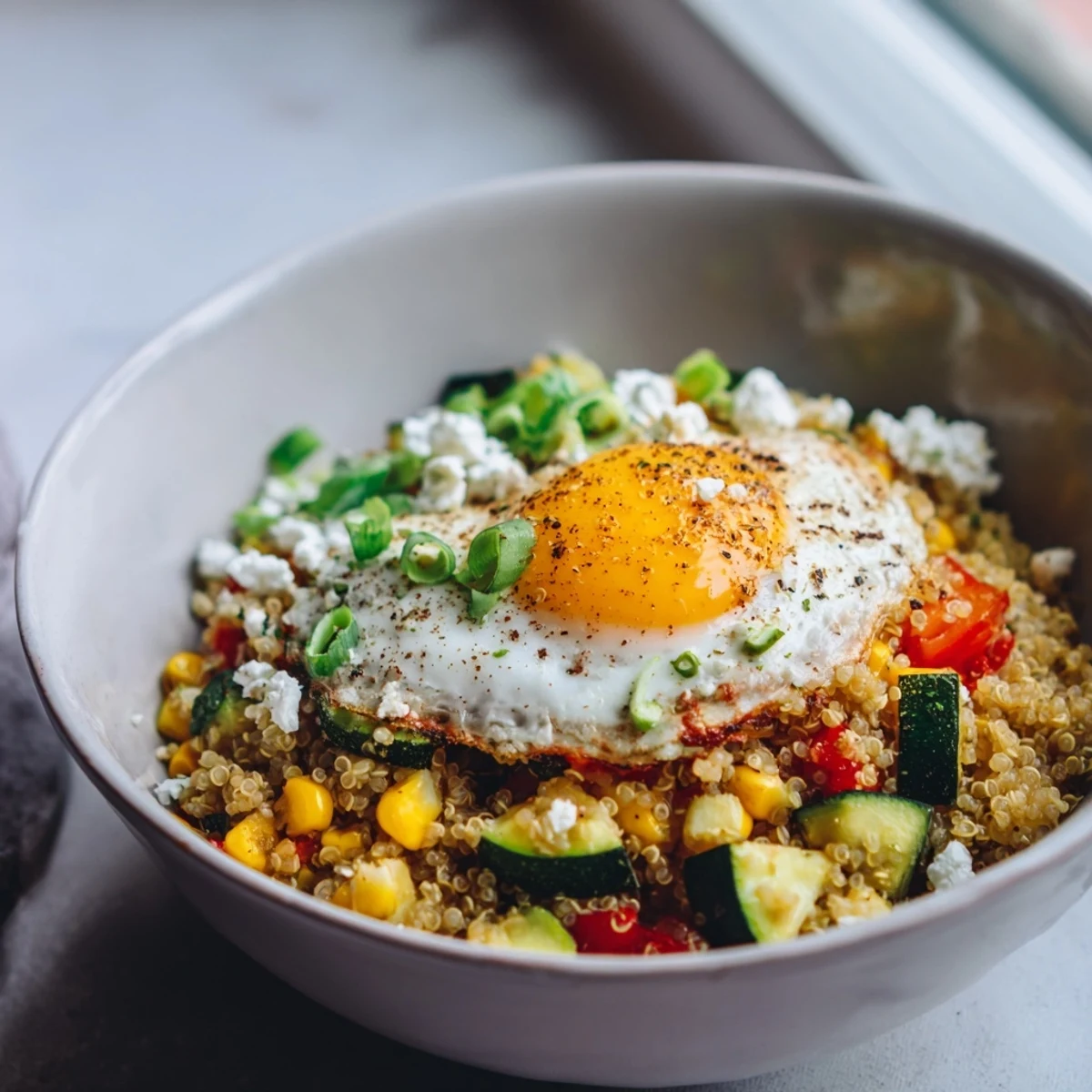 Hearty vegetarian breakfast bowl with quinoa, vegetables, fried egg, and crumbled feta cheese garnish