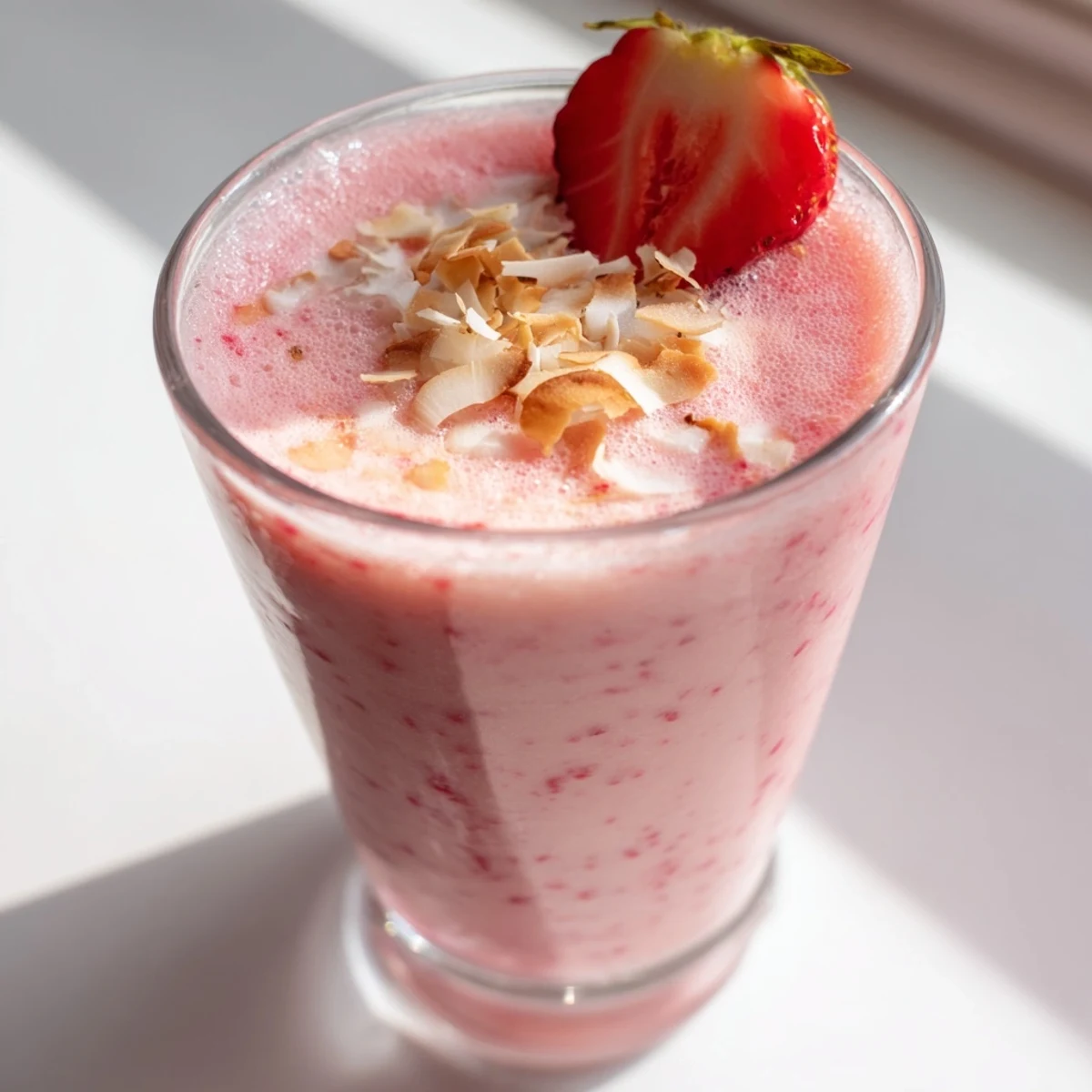 Thick creamy strawberry pineapple coconut smoothie poured into a glass topped with fresh fruit
