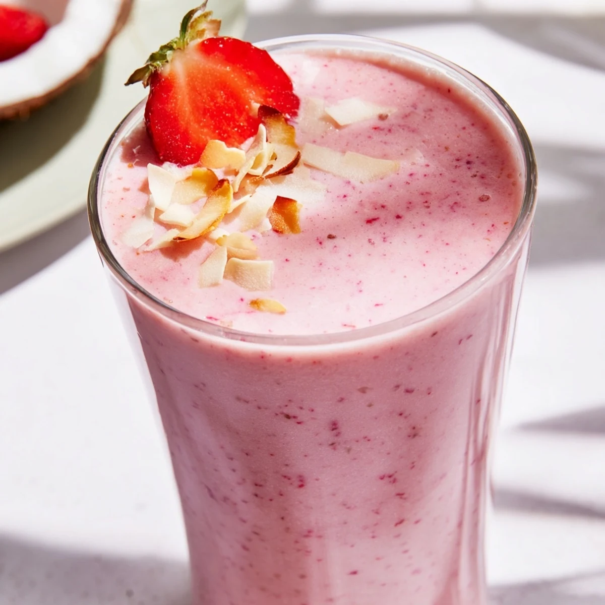 Vibrant tropical smoothie bowl blended with sweet strawberries and pineapple chunks in creamy coconut milk