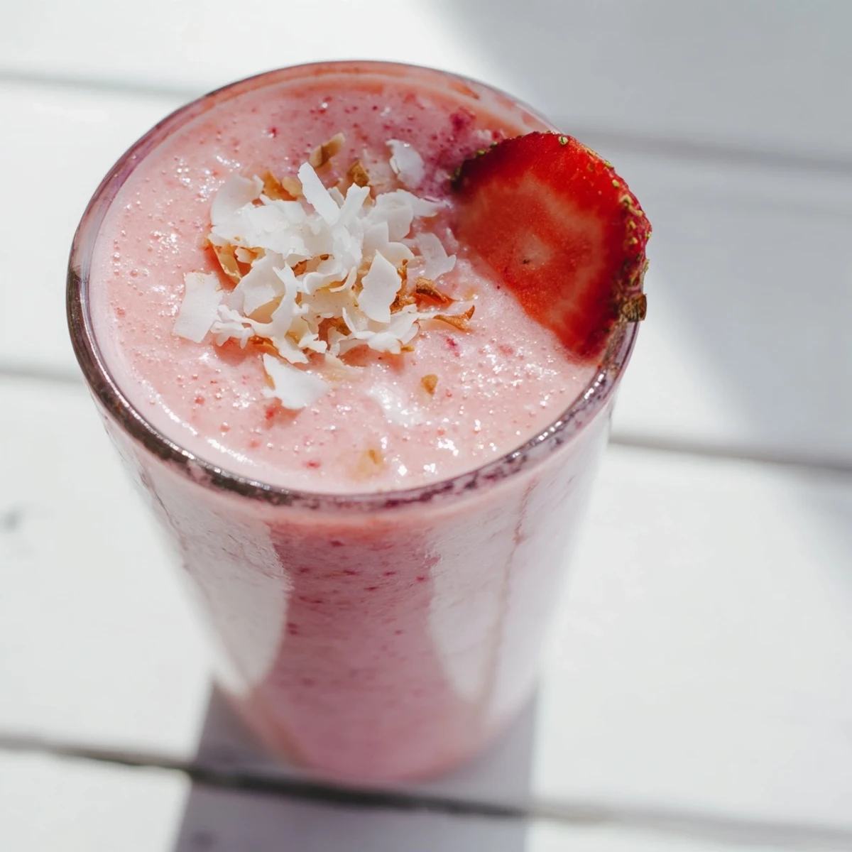 Refreshing layered strawberry pineapple coconut smoothie served chilled with ice cubes on a wooden table