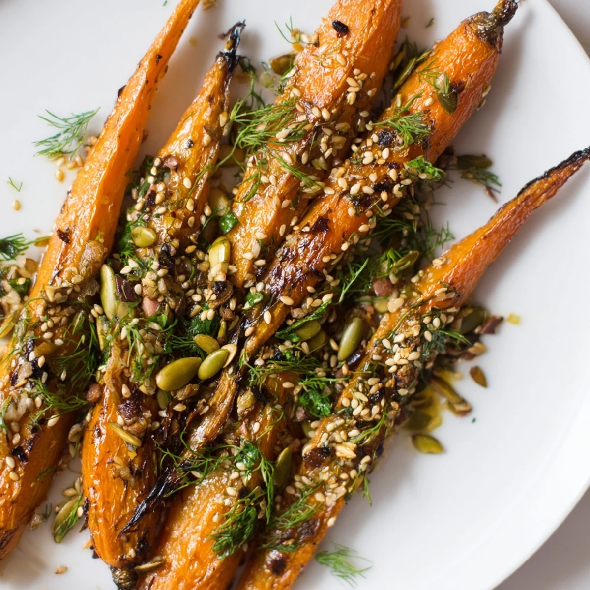 Golden roasted carrots with sesame herb crunch topping on a white serving platter
