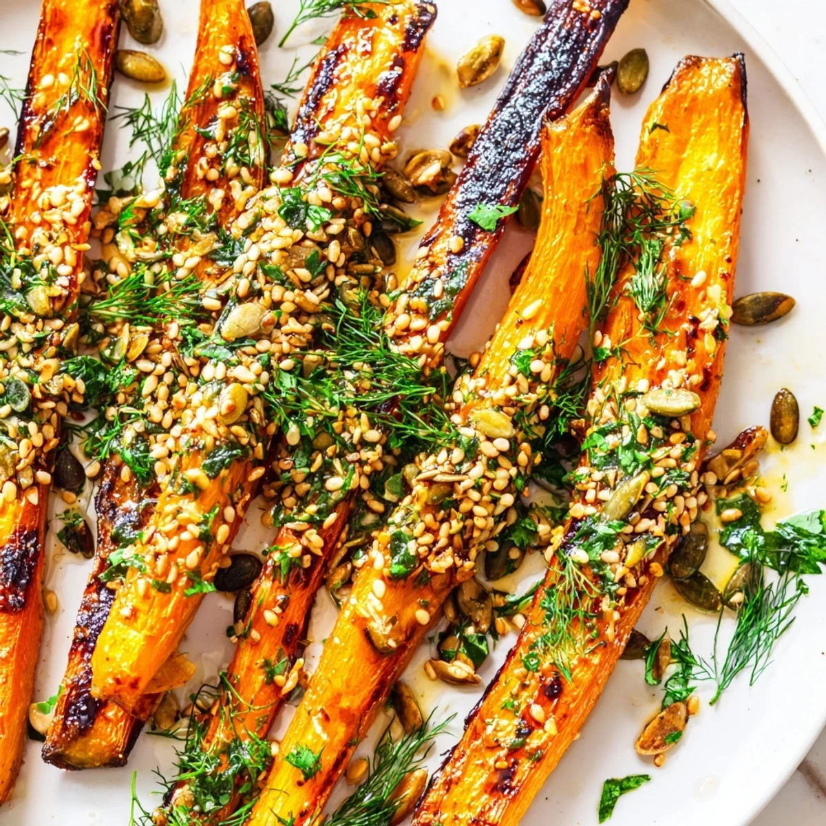 Sweet tender carrots sprinkled with toasted seeds and fresh herbs for easy side dish