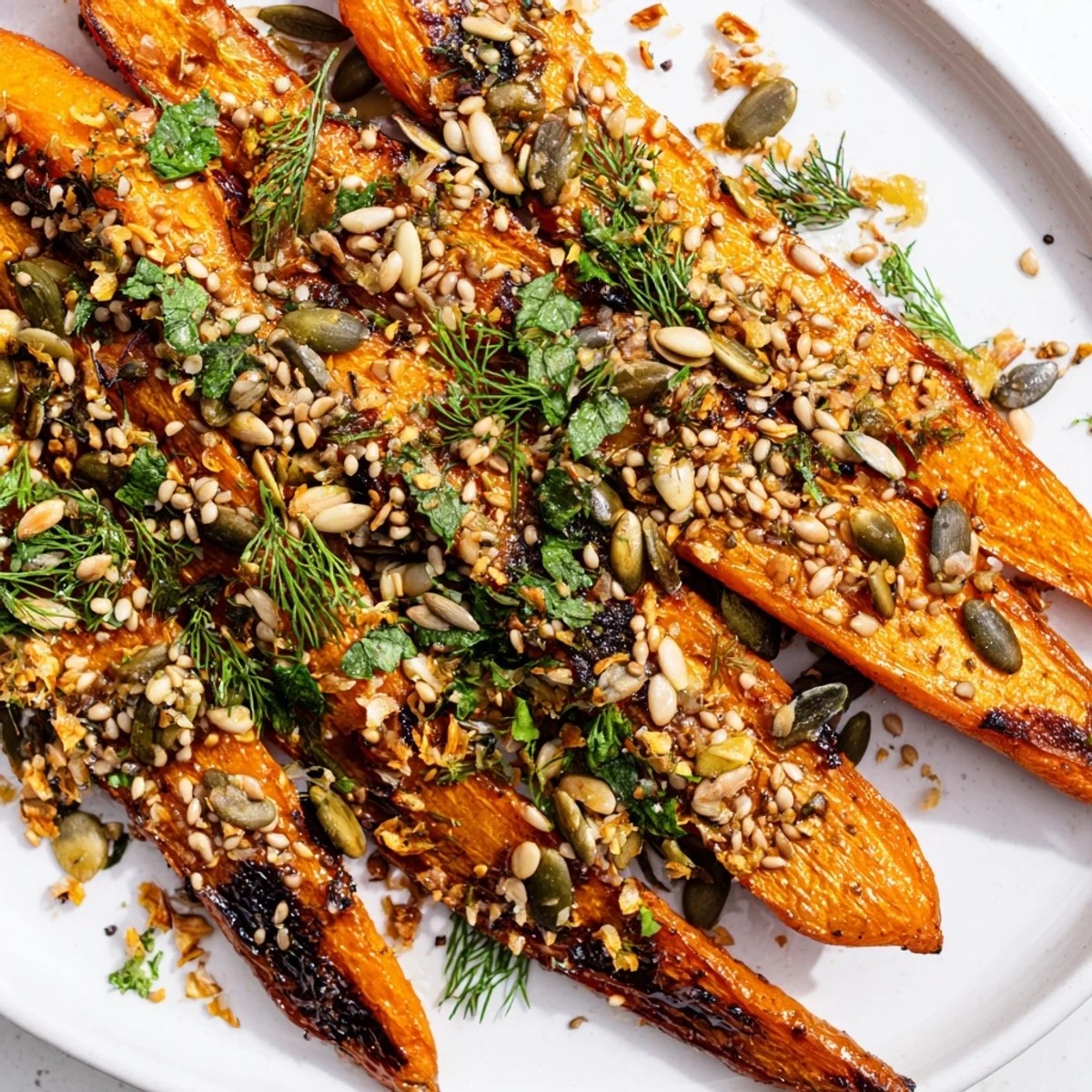Colorful roasted vegetable dish featuring nutty sesame seed and herb garnish preparation