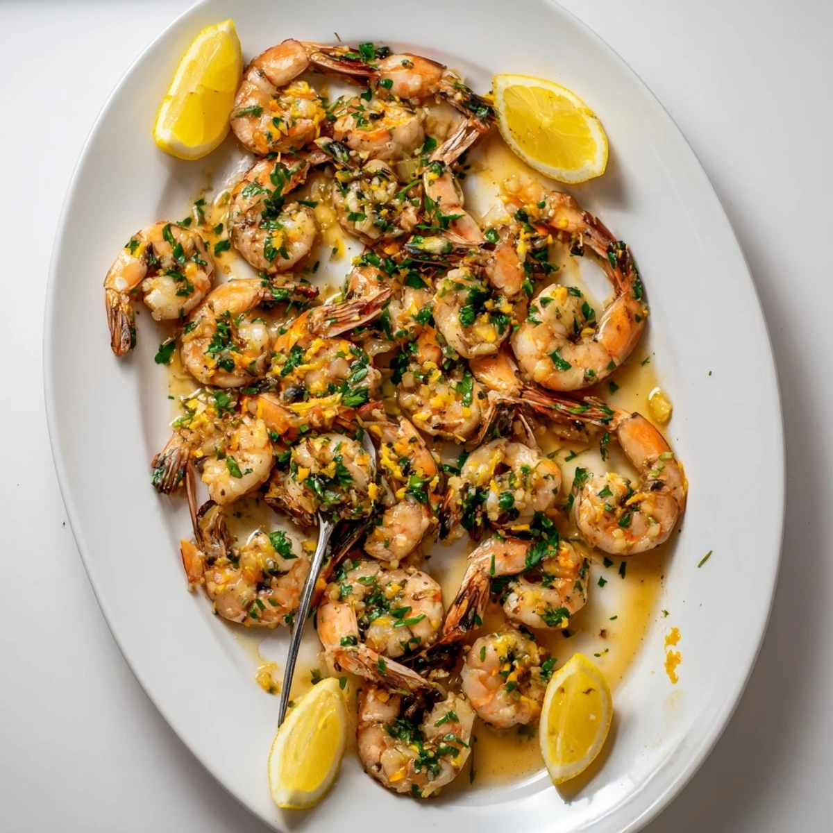 Golden citrus garlic glazed shrimp skillet glistening with tangy orange lemon sauce and fresh parsley garnish