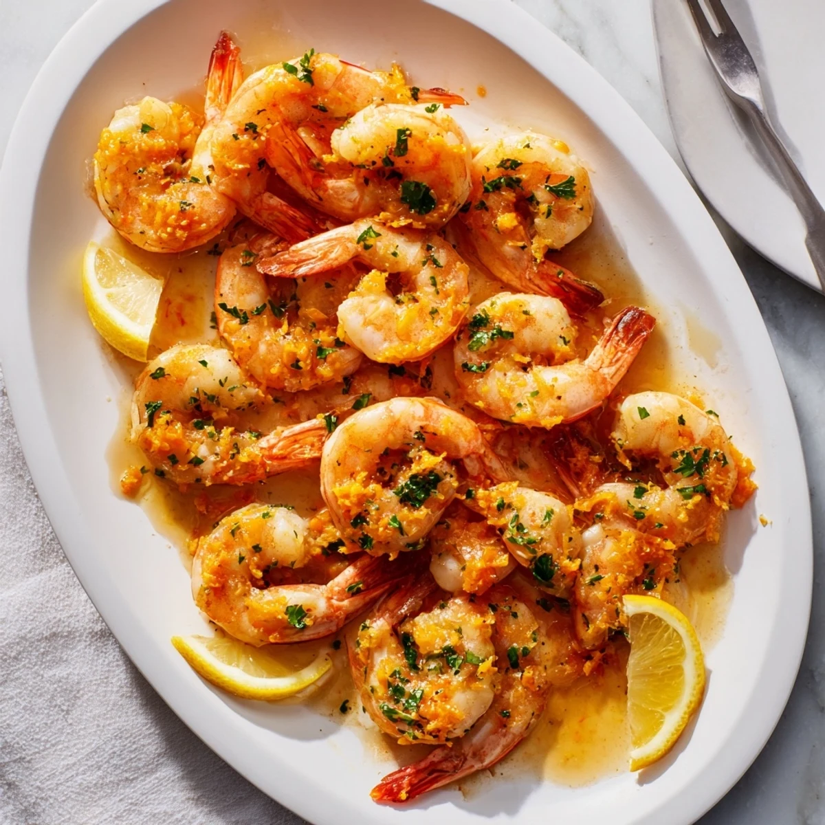 Weeknight citrus garlic glazed shrimp skillet served hot with vibrant herbs and lemon wedges on rustic plate