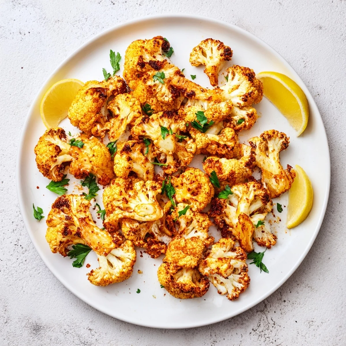 Golden brown smoky roasted cauliflower bites arranged on a white serving platter with fresh parsley garnish