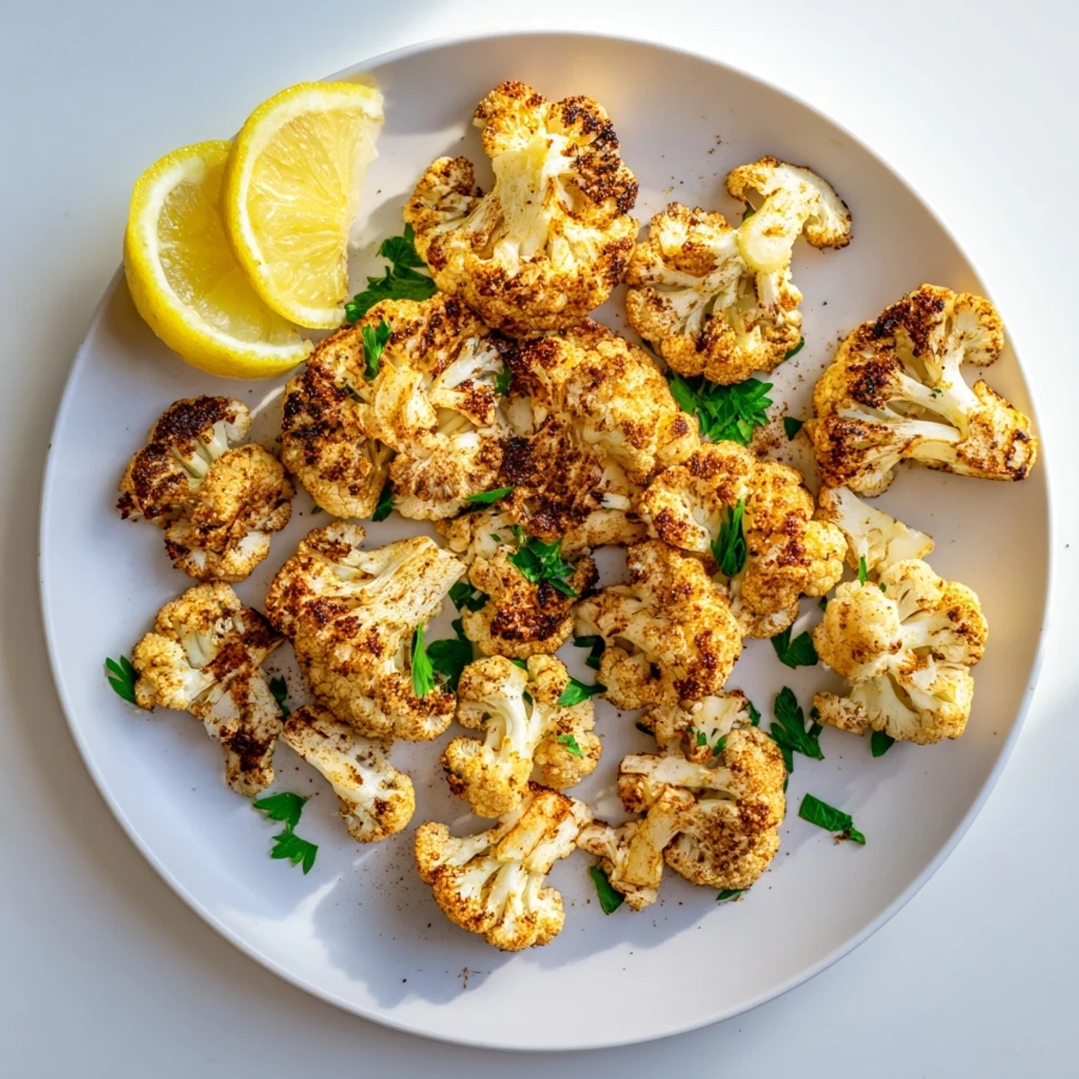 Tender roasted cauliflower pieces with smoky paprika seasoning served with lemon wedges on a rustic wooden board