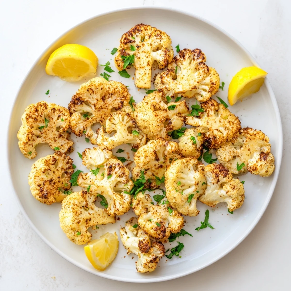Crispy spice-coated cauliflower florets fresh from the oven on a parchment-lined baking sheet