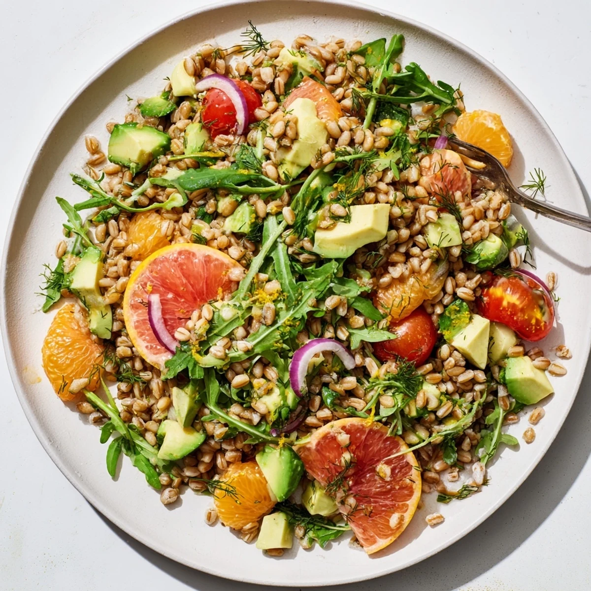 Creamy avocado cubes tossed with nutty farro, bright citrus segments, and fresh chopped herbs